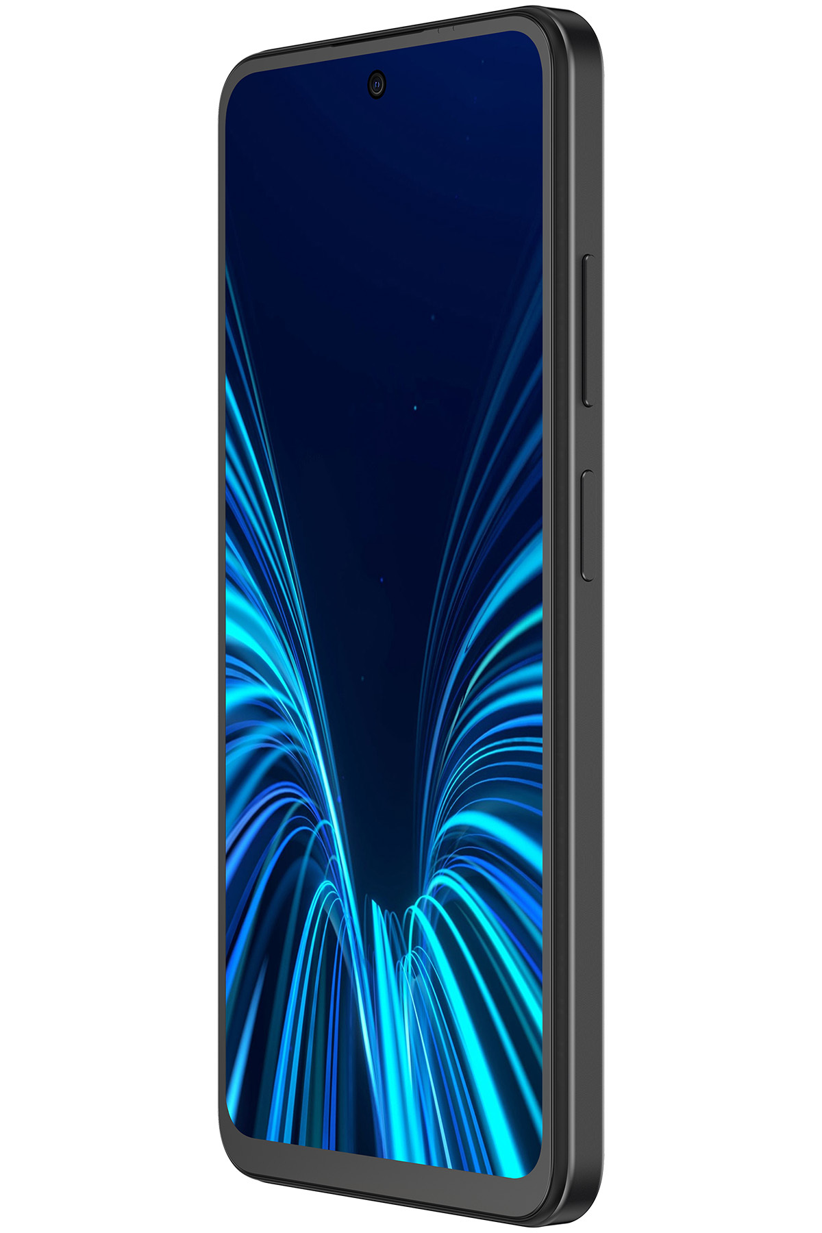 Koyu ekranında mavi ışık çizgileri gösteren siyah bir akıllı telefon.