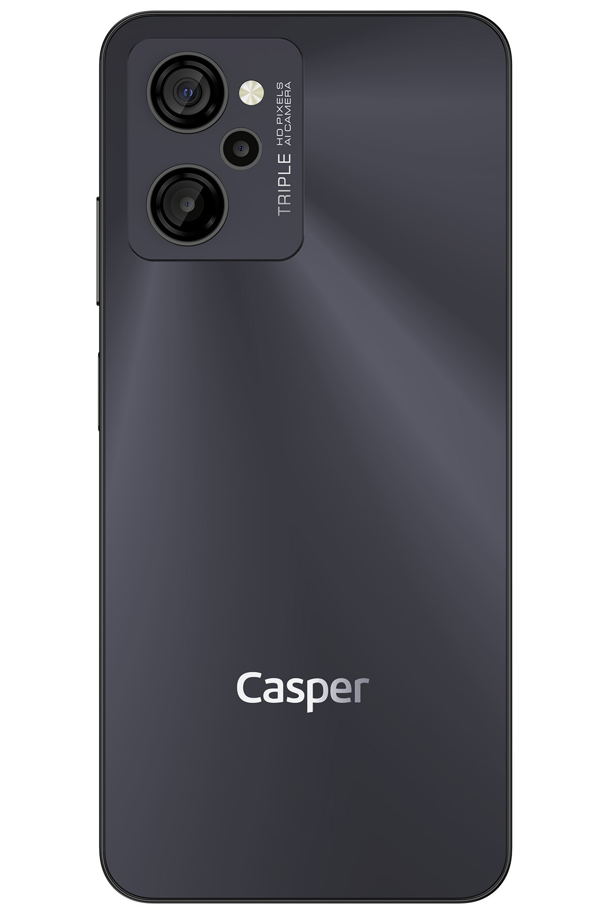 Üçlü kameraya ve Casper logosuna sahip koyu renkli bir akıllı telefonun arkası.