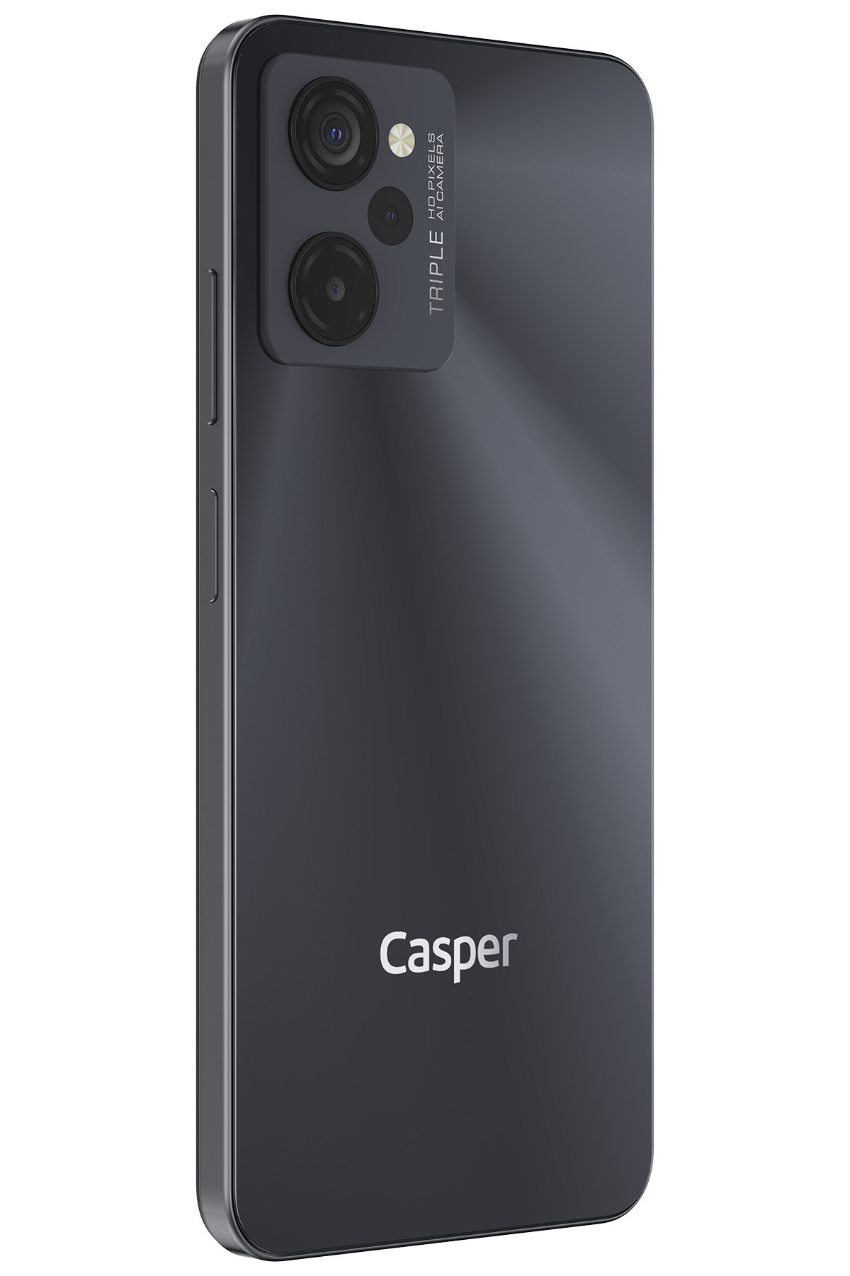 Üçlü kamerası ve Casper logosu olan koyu gri akıllı telefon.