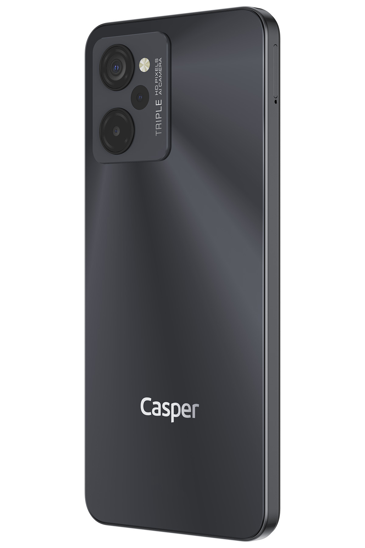 Üçlü kameraya ve Casper logosuna sahip koyu gri akıllı telefon.