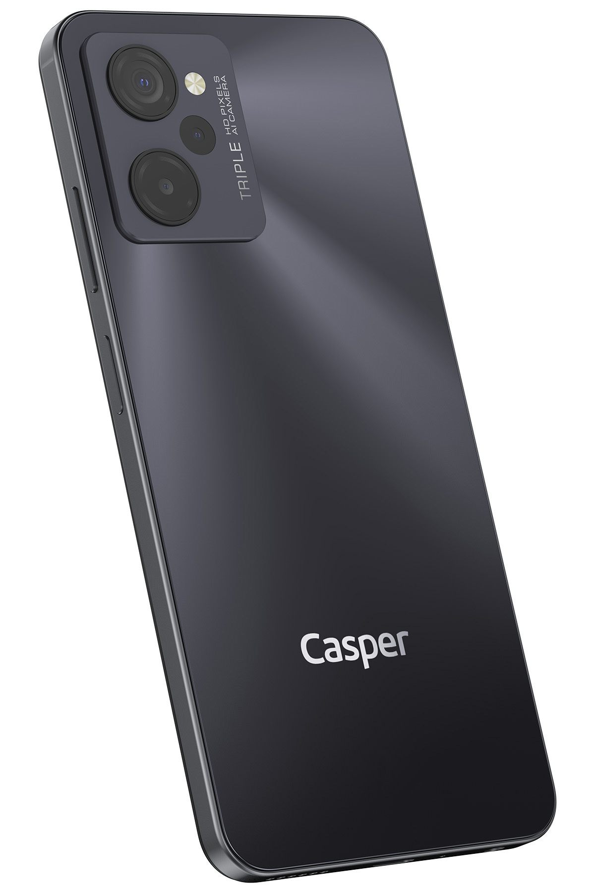 Beyaz arka plan üzerinde üçlü kamerası ve Casper logosu bulunan koyu gri akıllı telefon.