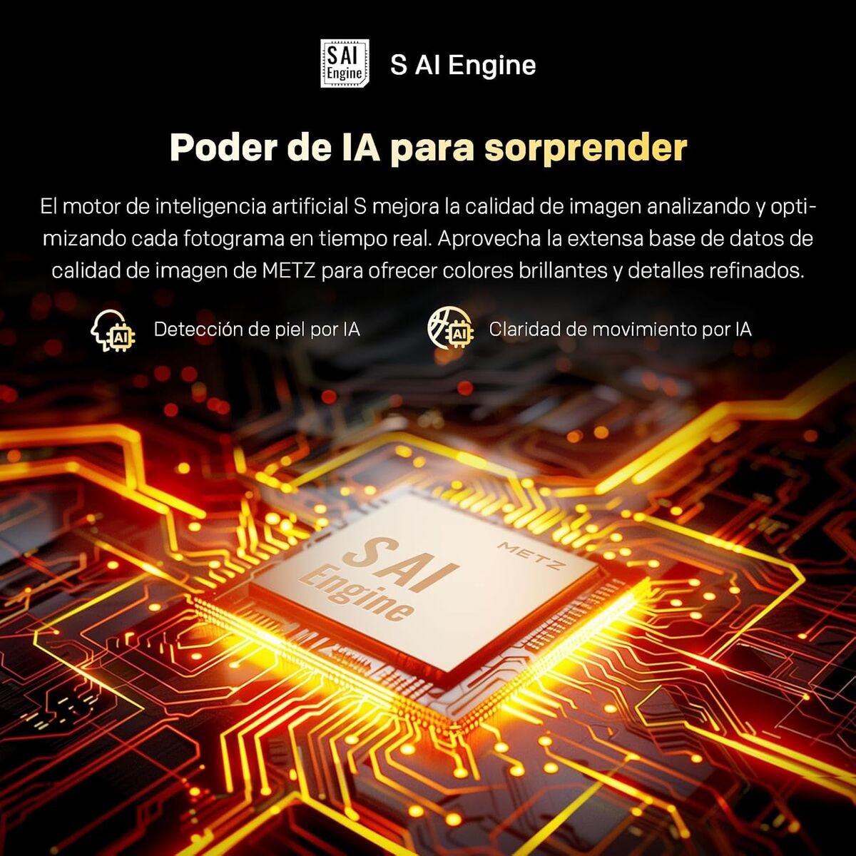 Placa de circuito abstracto con chip "SAI Engine", brillante naranja y rojo.