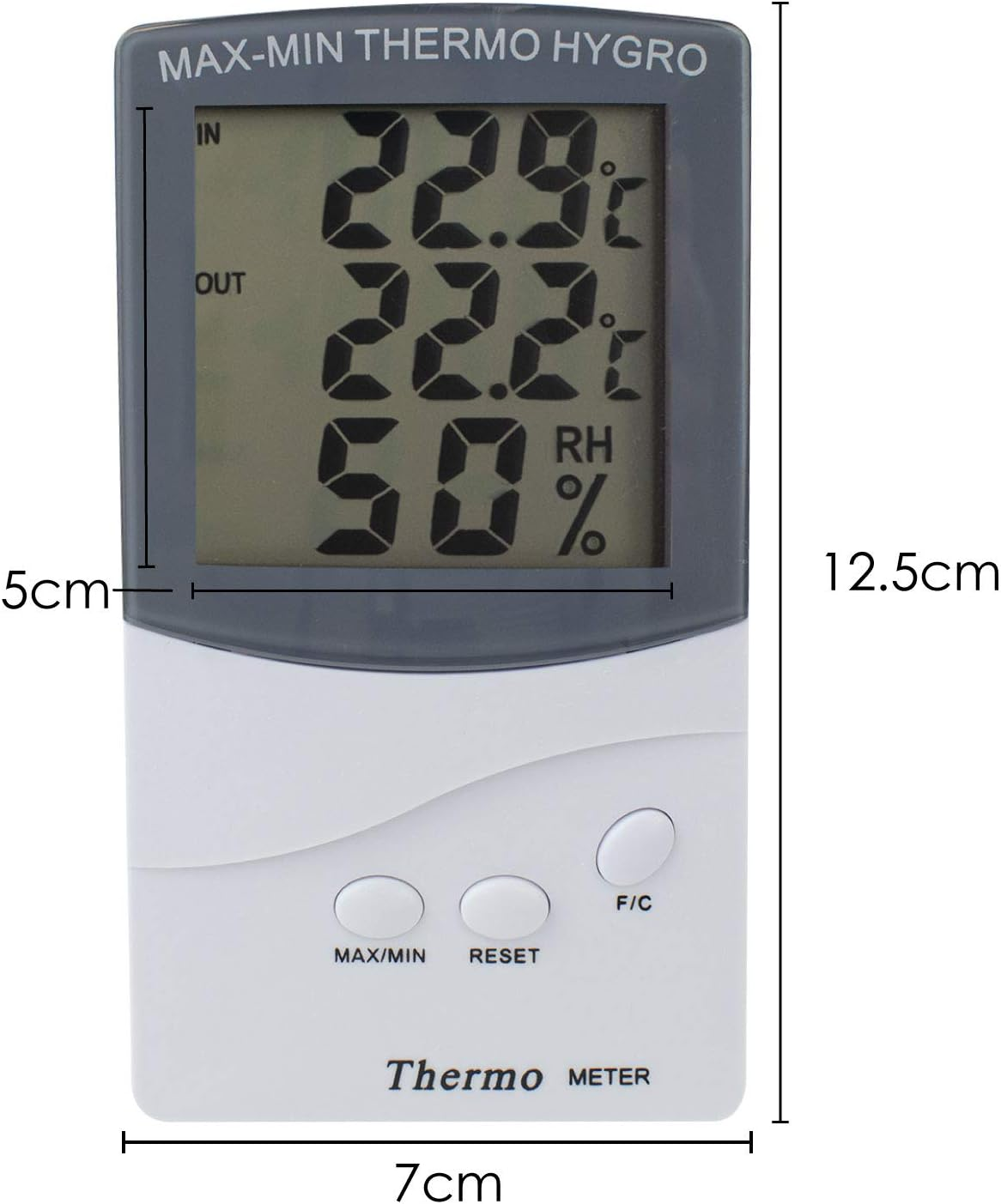 Digitales Thermo-Hygrometer zeigt 22,9°C innen, 22,2°C außen, 50% RH an.