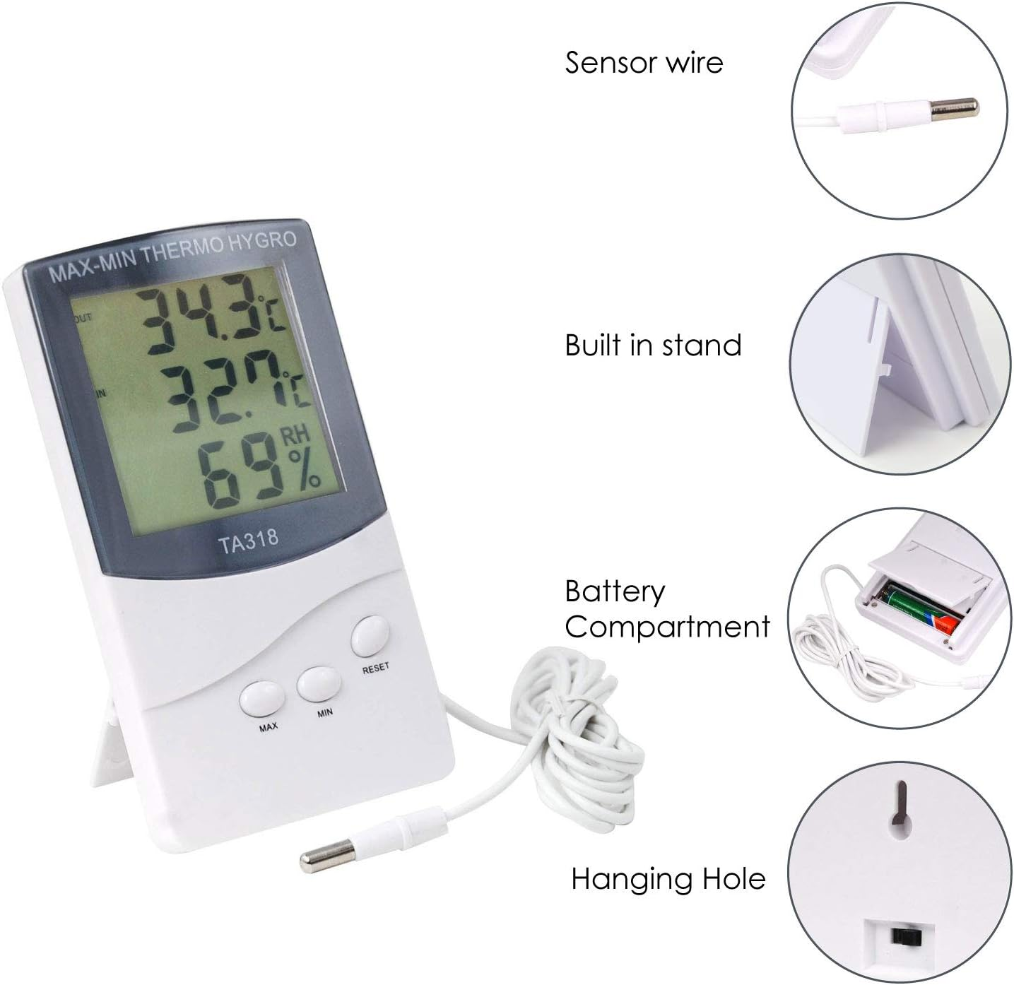 Weißes digitales Thermo-Hygrometer zeigt 34,3°C außen, 32,7°C innen, 69% rF.