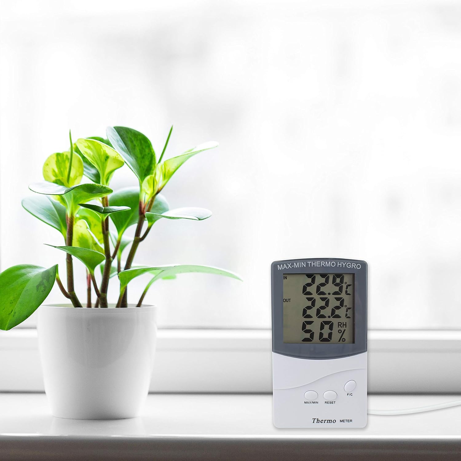 Ein digitaler Thermo-Hygrometer neben einem grünen Topfpflanze auf einer weißen Fensterbank.