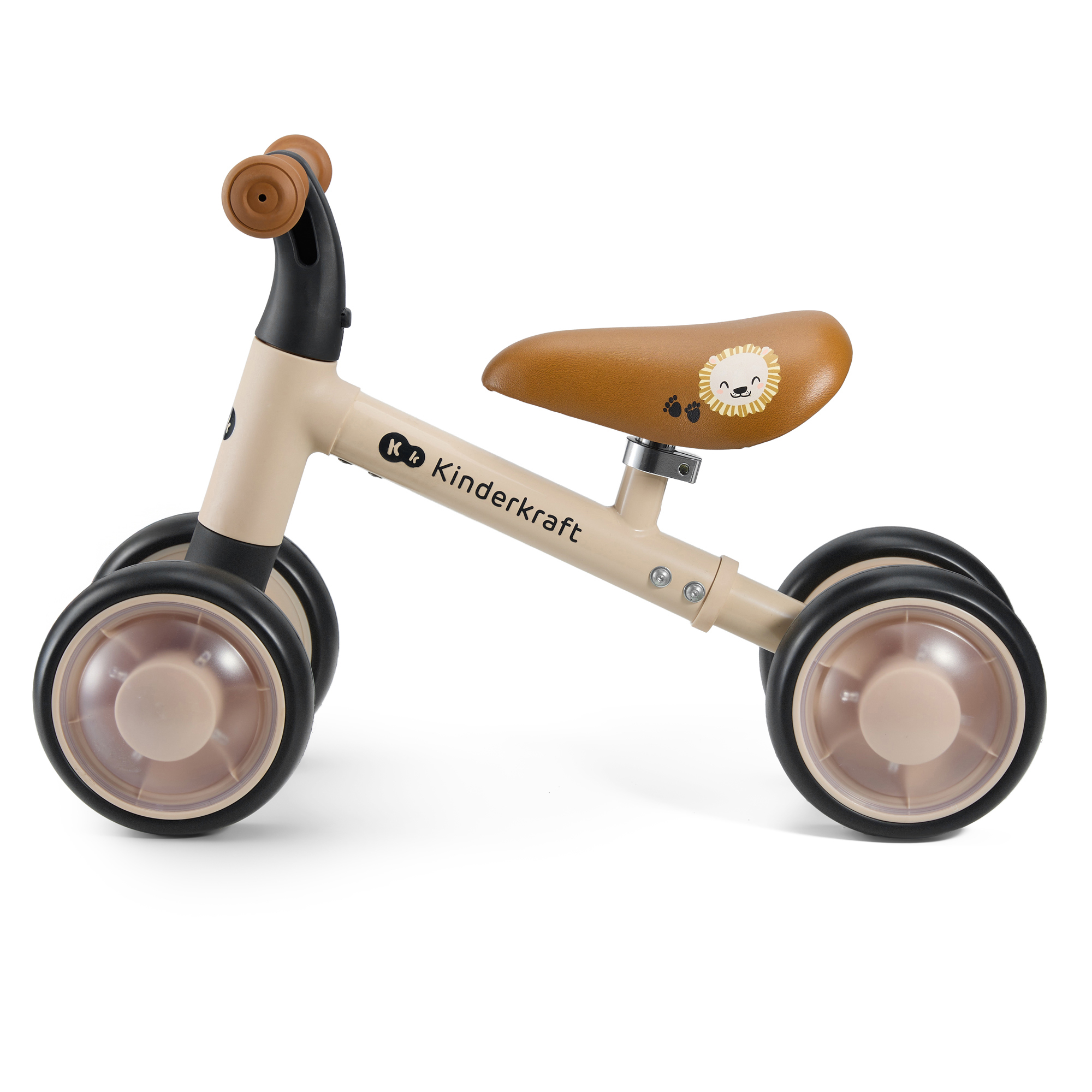 Ein beiger Kinderlaufrad mit braunem Sitz mit Löwenaufdruck und schwarzen Rädern.