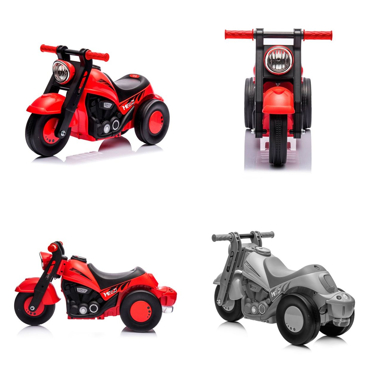 Zwei rote und ein graues Spielzeugmotorrad auf weißem Hintergrund.