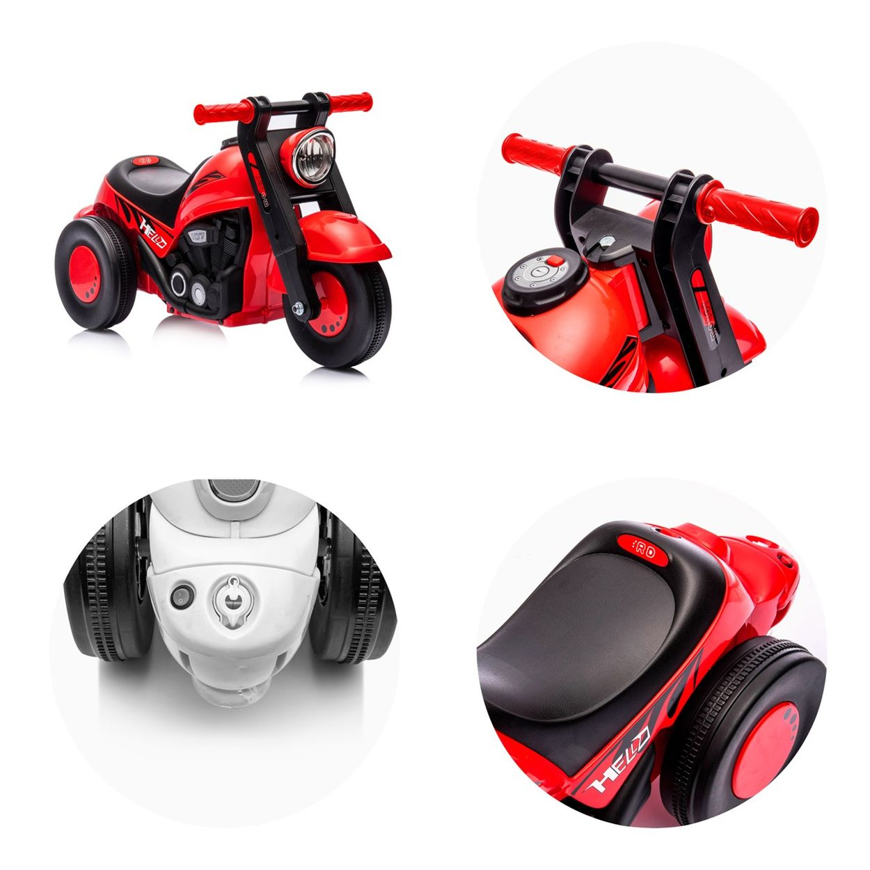 Ein rotes Kinderfahrrad mit drei Rädern, Scheinwerfer und Lenker.