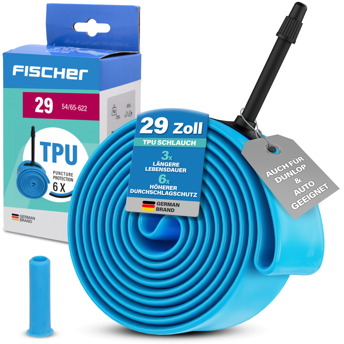 Ein blauer Fahrradschlauch von Fischer mit der Aufschrift 29 Zoll, TPU Schlauch.
