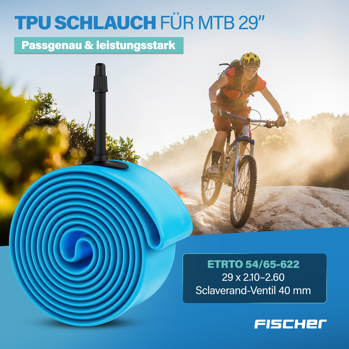 Blauer Fahrradschlauch für MTB 29 Zoll, daneben Radfahrer auf Bergabfahrt.