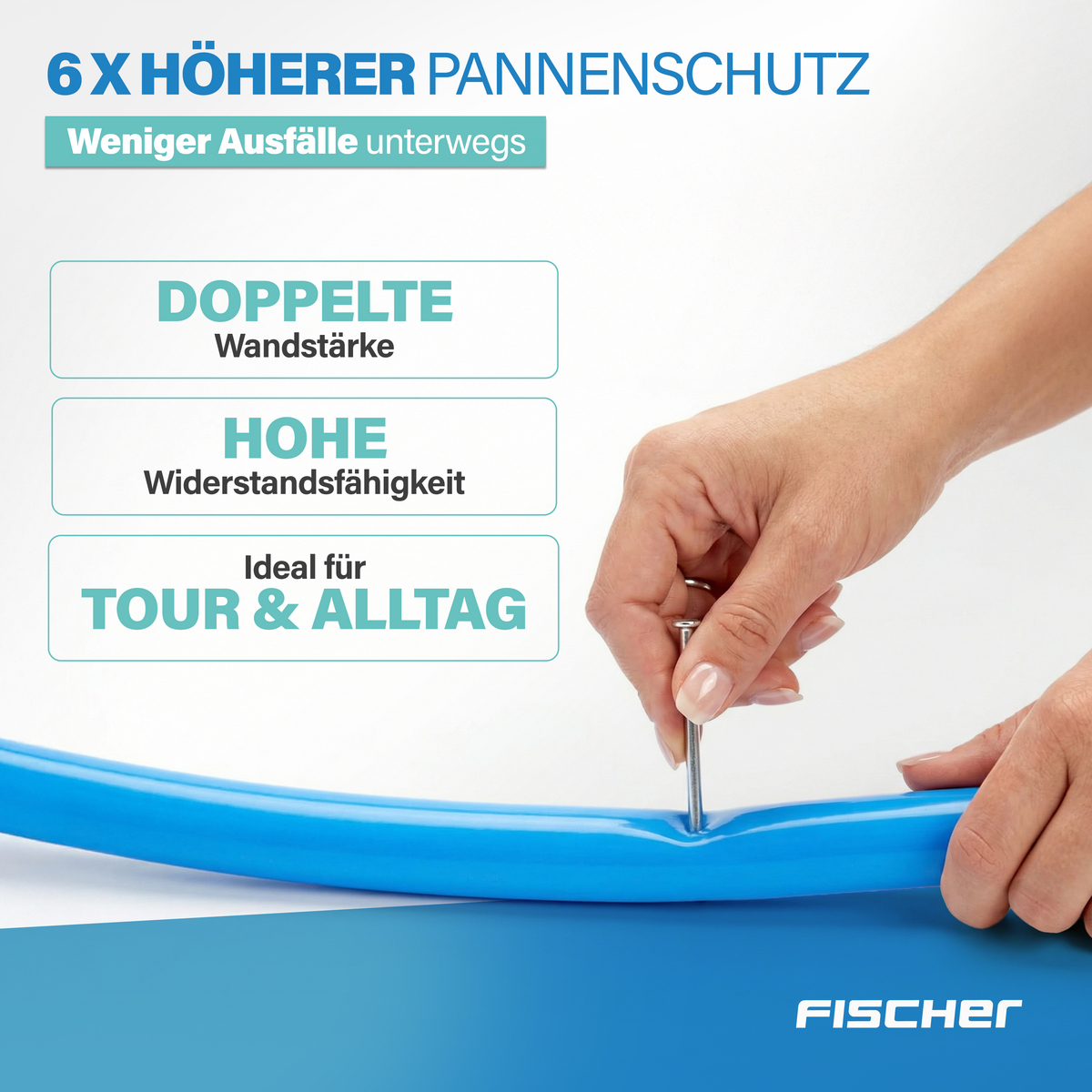 Hand zeigt Nagel in blaues Rohr. Text: 6x höherer Pannenschutz.