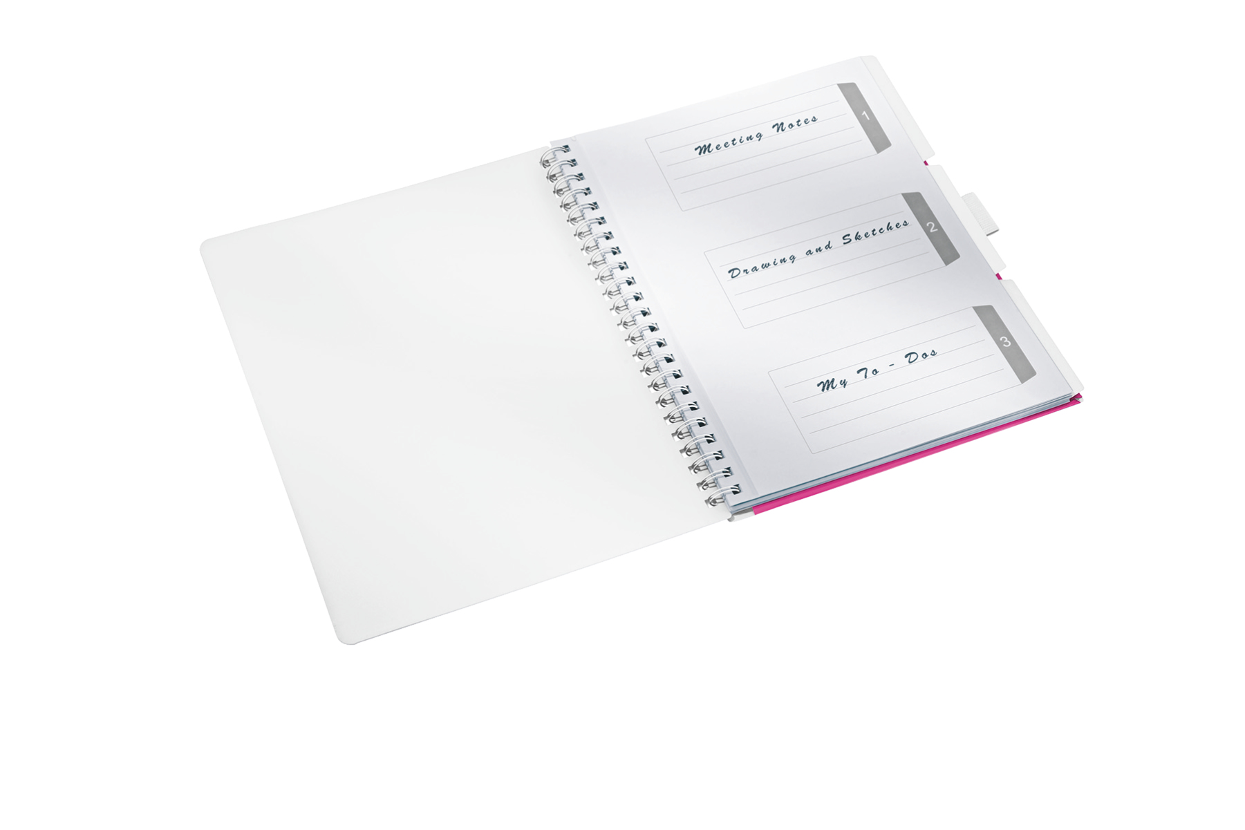 Ein offenes Notizbuch mit Spiralbindung. Die Seiten sind mit 'Meeting Notes', 'Drawing and Sketches' und 'My To-Dos' beschriftet.