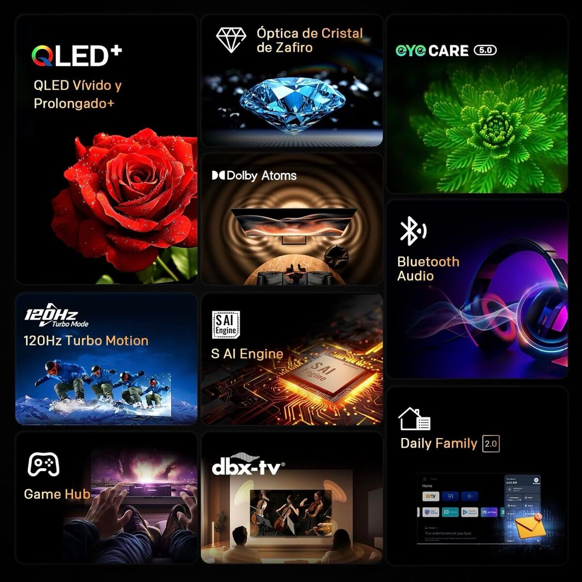 Collage de funciones de TV: QLED, diamante, cuidado ocular, Dolby, auriculares, esquiadores, chip, juego, concierto, UI.