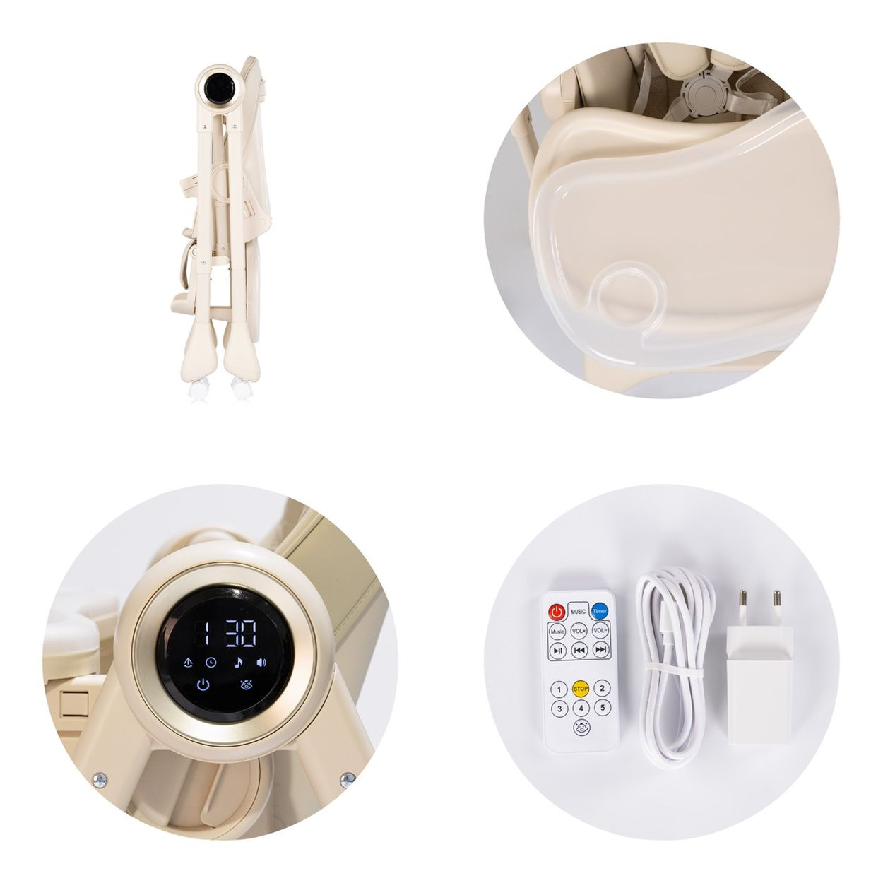Ein beige Babywippen-Set mit Fernbedienung, Ladegerät und Kabel.