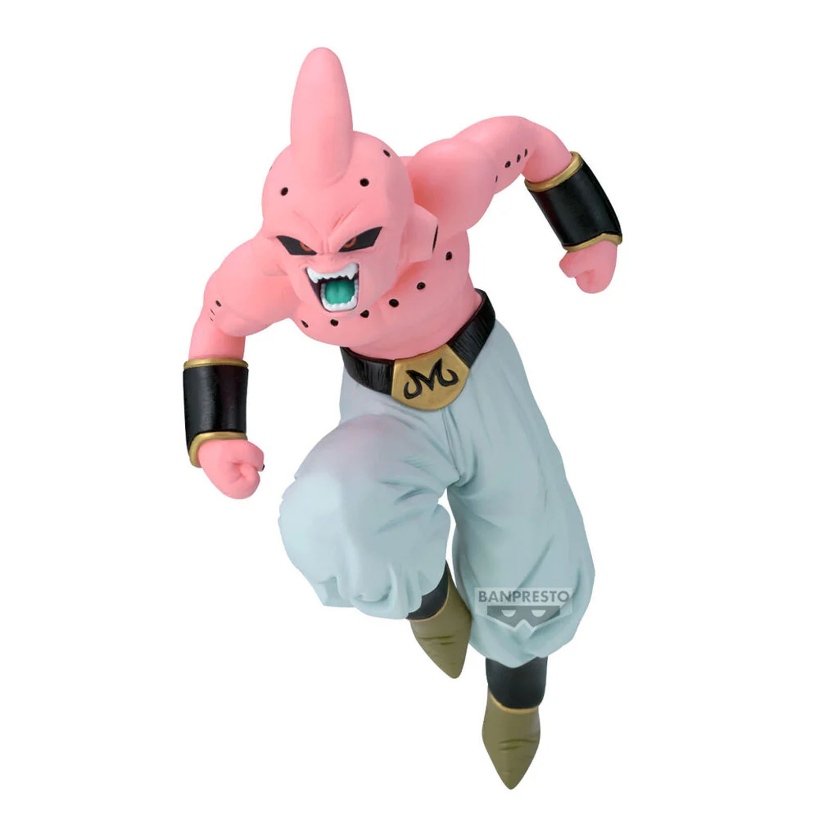 Eine pinke Figur mit schwarzen Punkten und einem M auf dem Gürtel, trägt hellblaue Hose.