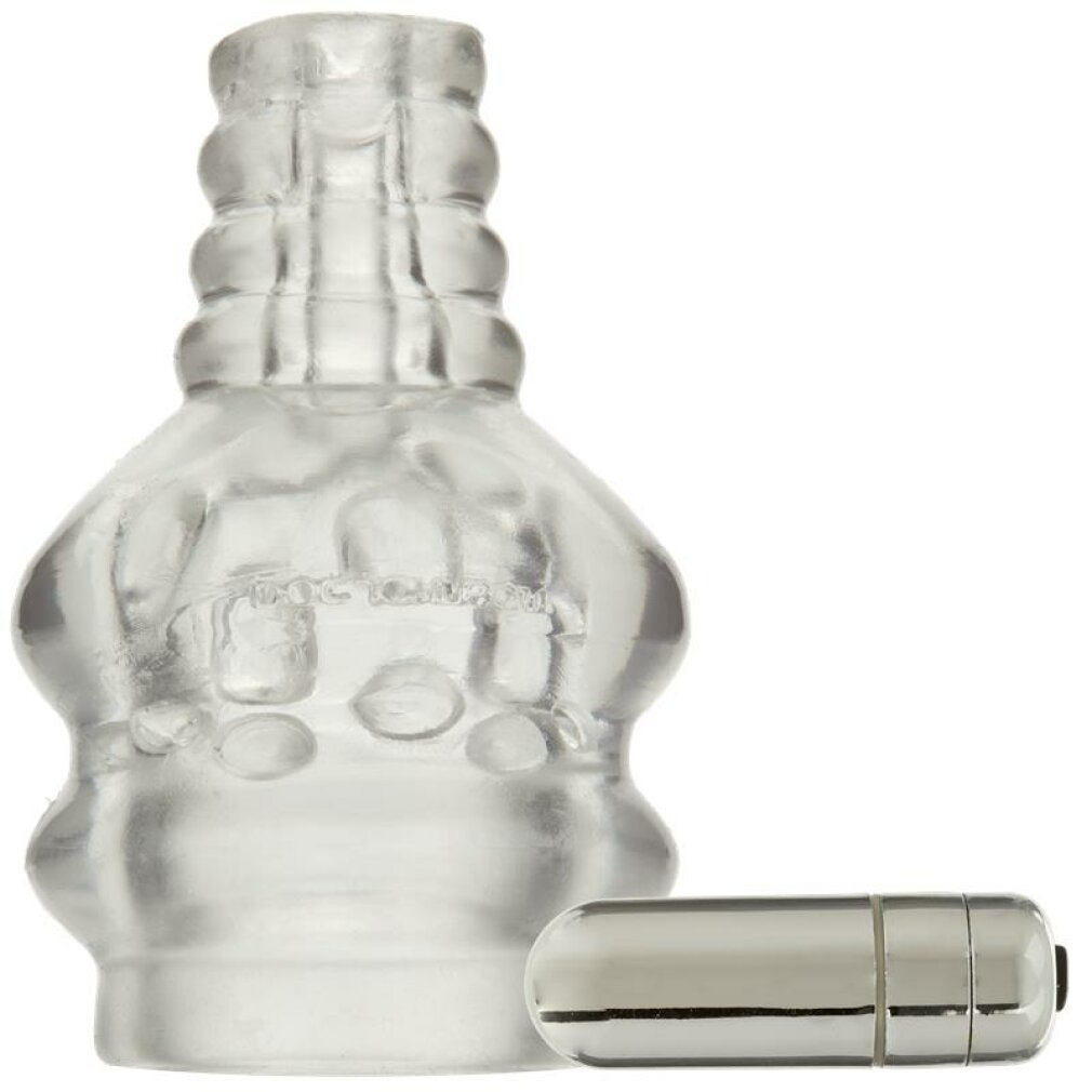 Ein durchsichtiger, gerippter Penisring neben einem silbernen Vibrator.