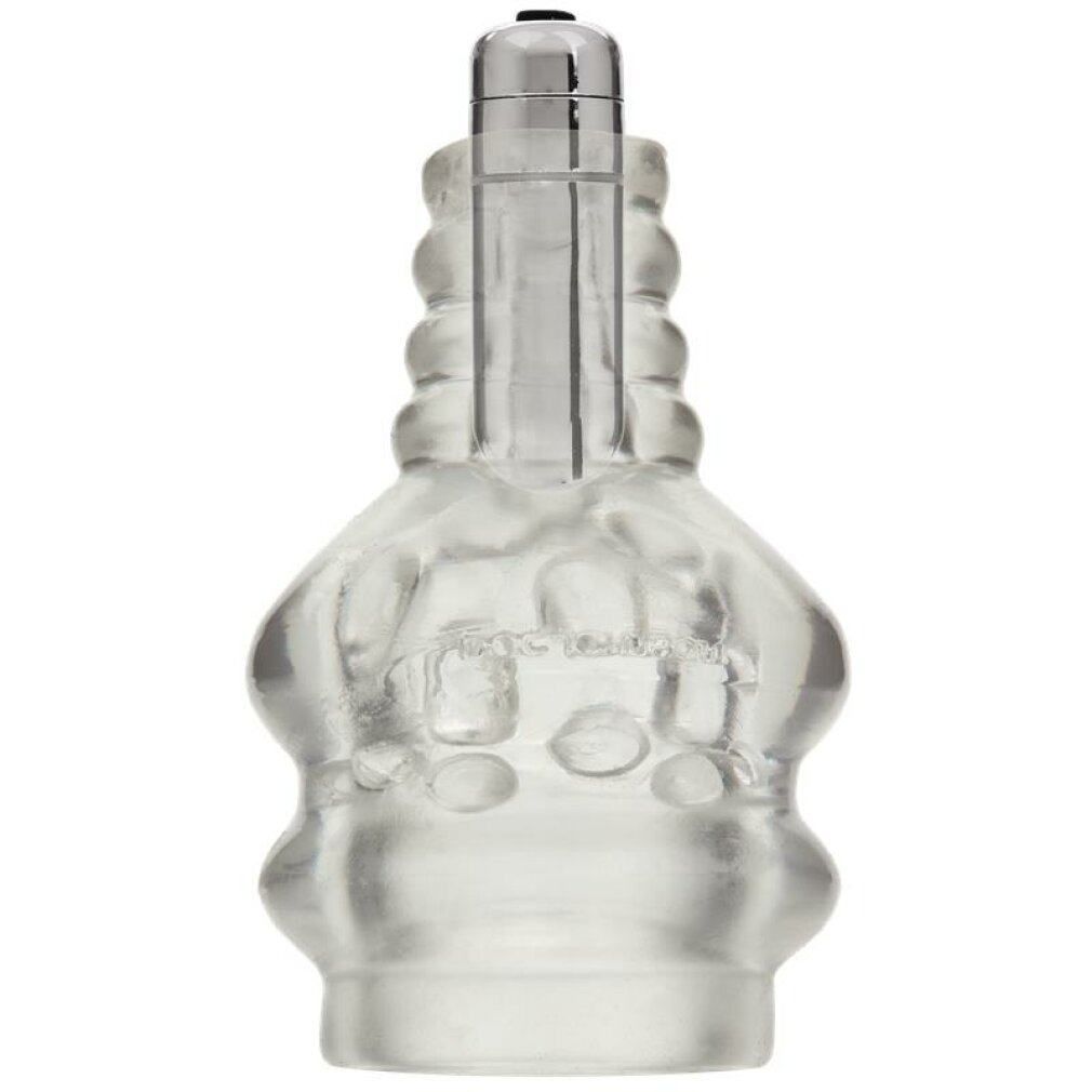 Ein transparenter, gerippter Masturbator mit silberner Kappe und Gravur.