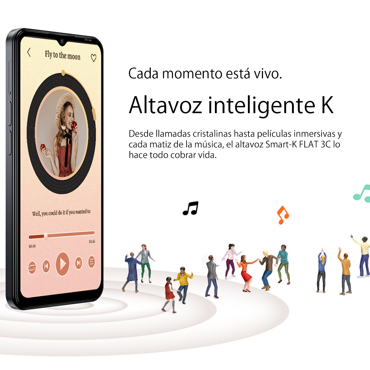 Pantalla de smartphone muestra app de música. Pequeñas figuras bailan notas.
