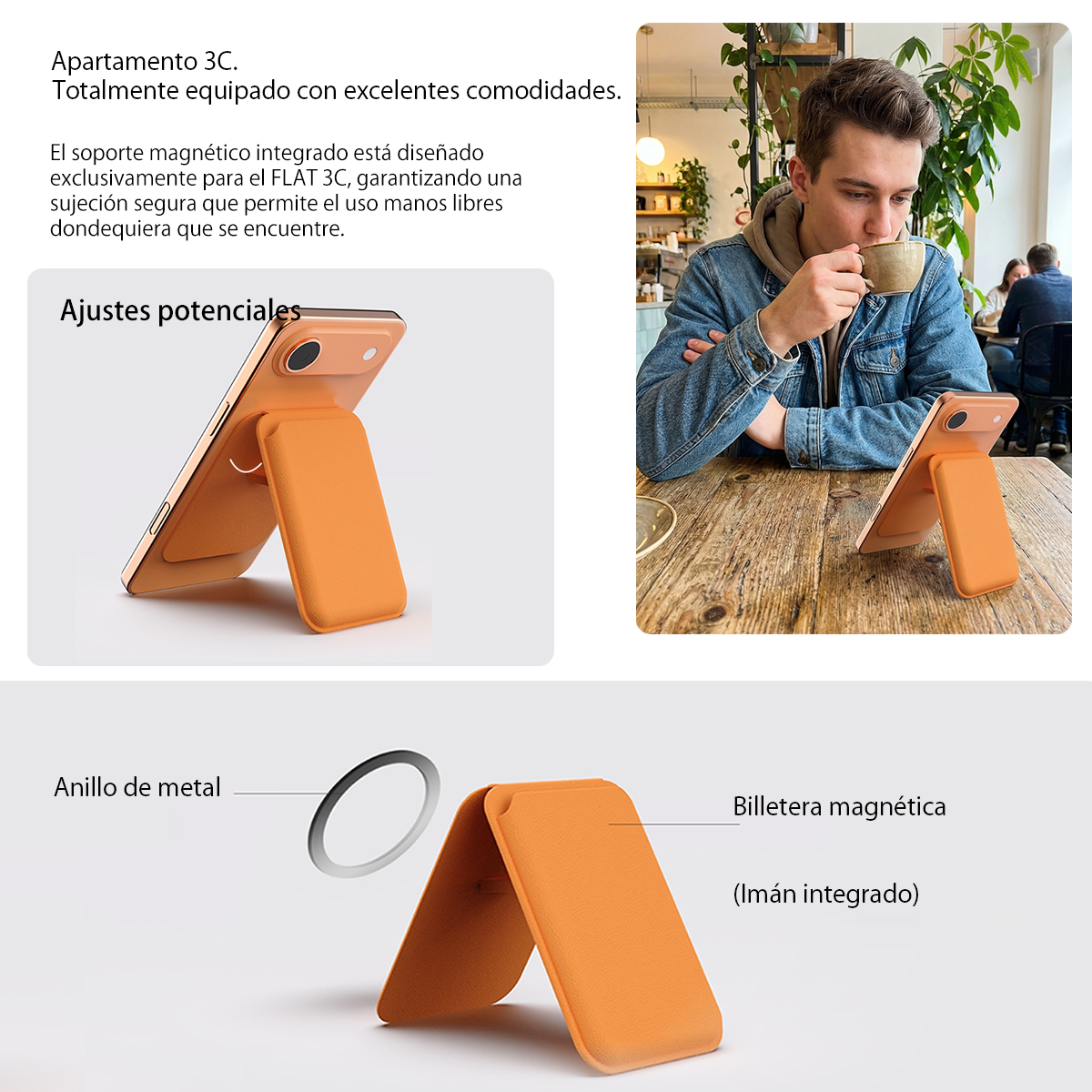 Funda de teléfono naranja con soporte y anillo magnético.