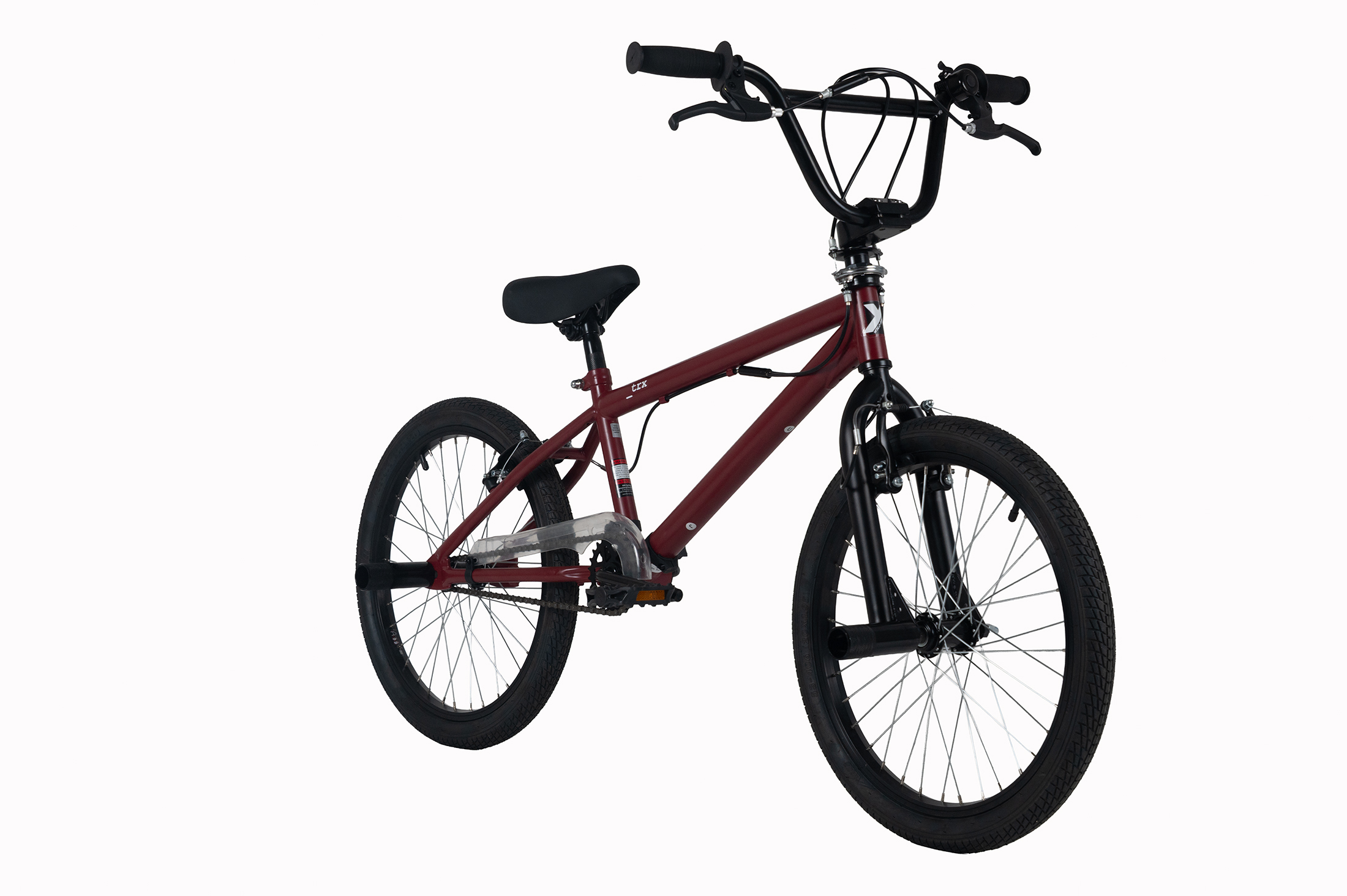 Ein dunkelrotes BMX-Rad mit schwarzen Reifen, Griffen und Sattel.