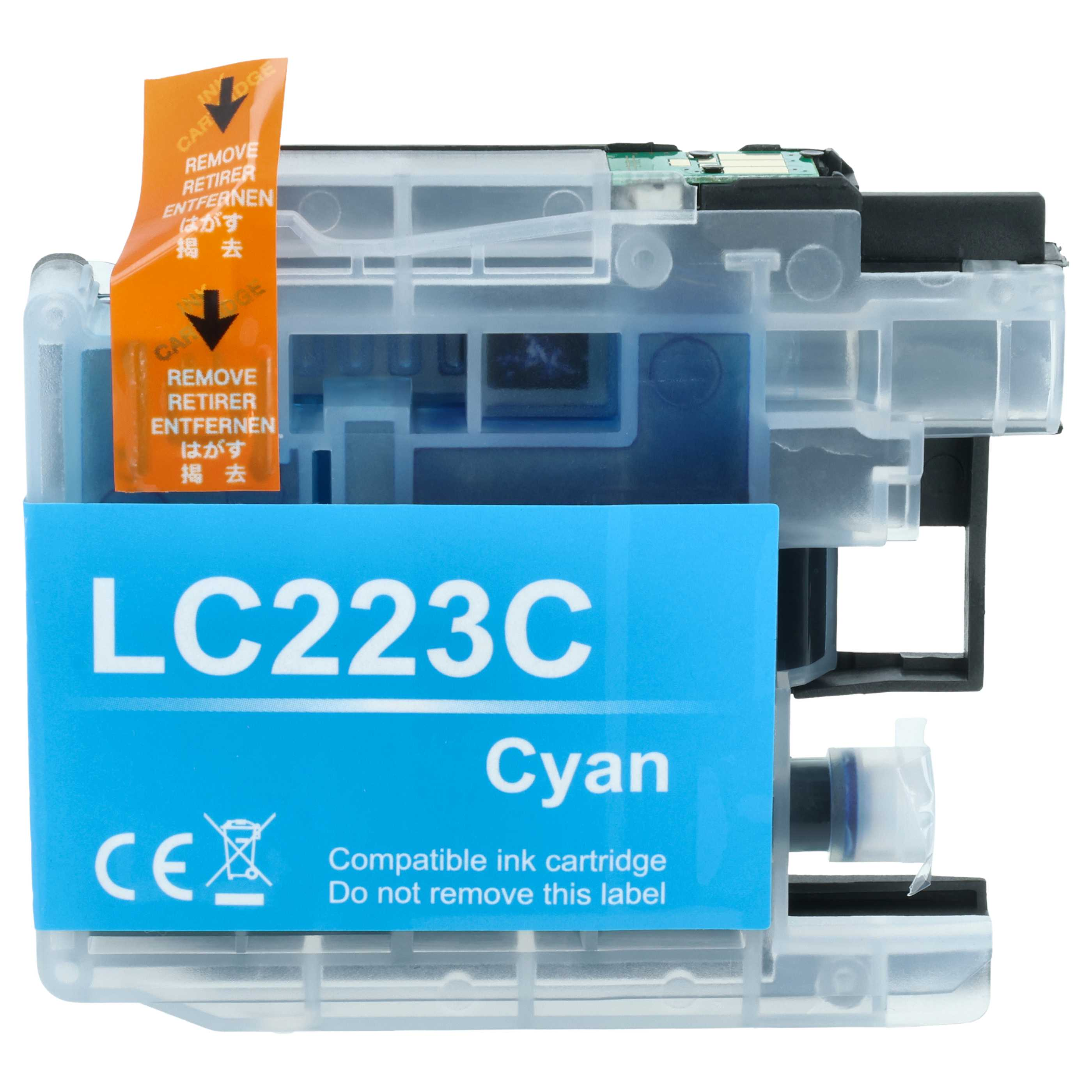 Ein cyanfarbener Tintenstrahl-Druckerpatronen-Modell LC223C mit orangefarbenem Aufkleber.