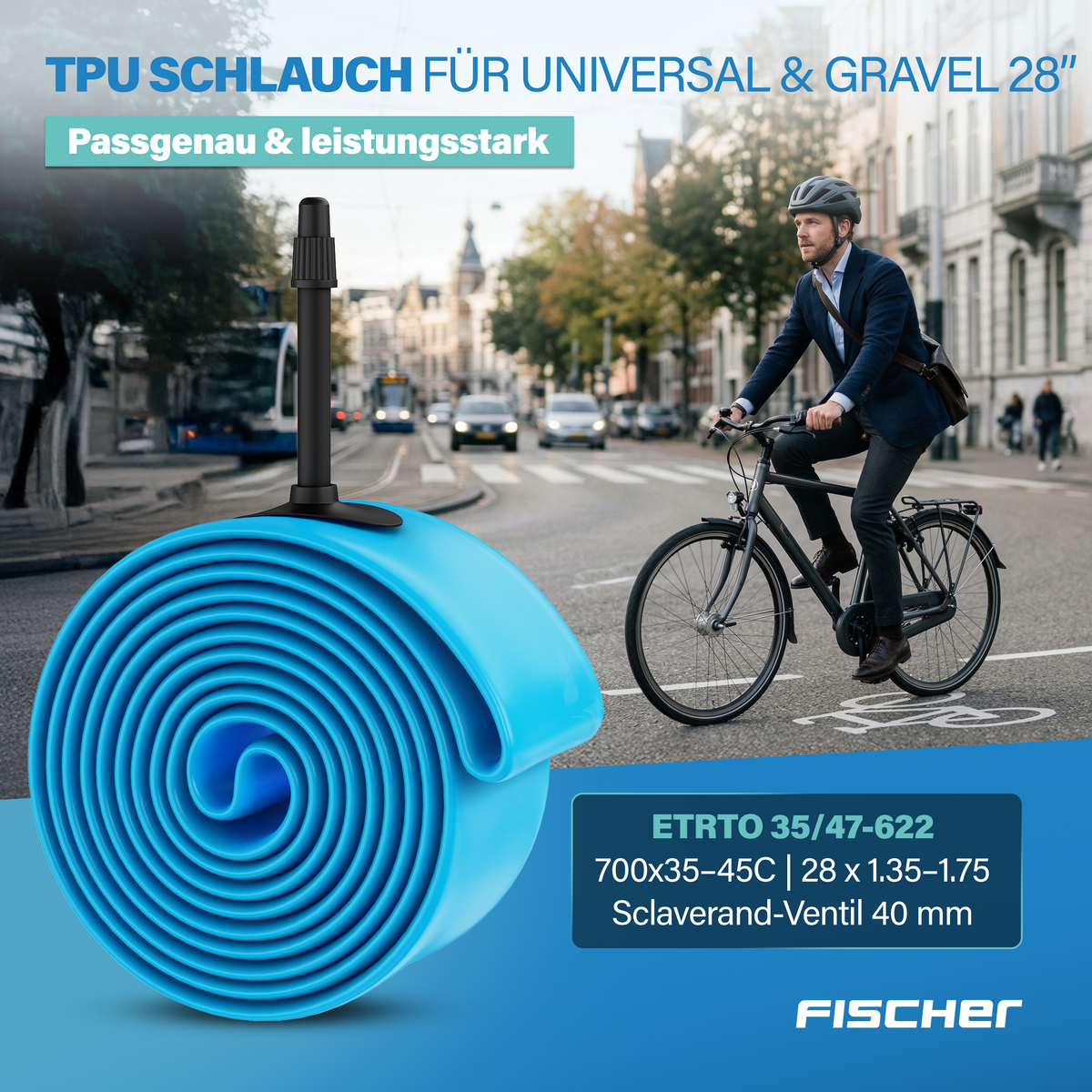Blauer Fahrradschlauch auf Straßenszene mit Radfahrer. Text auf Deutsch.