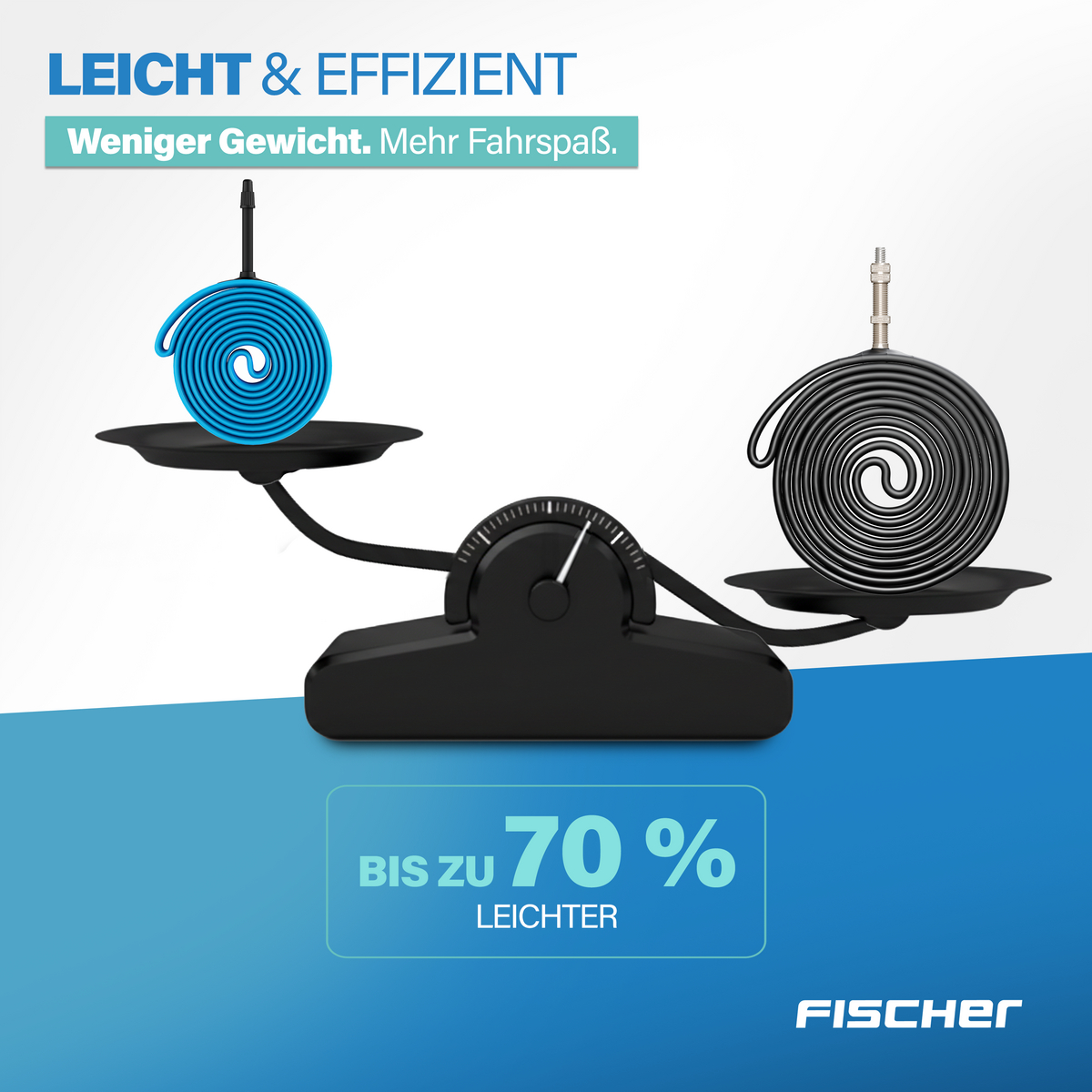 Eine Waage zeigt ein blaues und ein schwarzes Fahrradrohr, die bis zu 70% leichter sind.