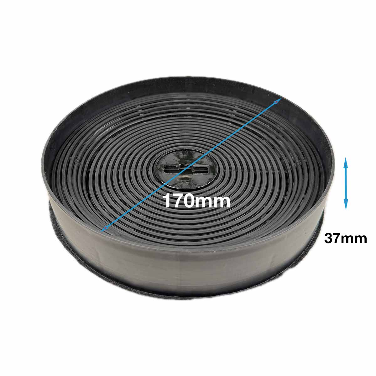 Ein runder Aktivkohlefilter mit 170 mm Durchmesser und 37 mm Höhe.