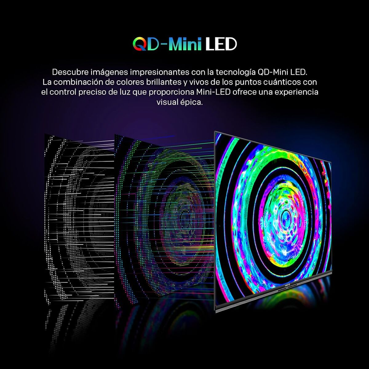 Tecnología QD-Mini LED con círculos coloridos en una pantalla.