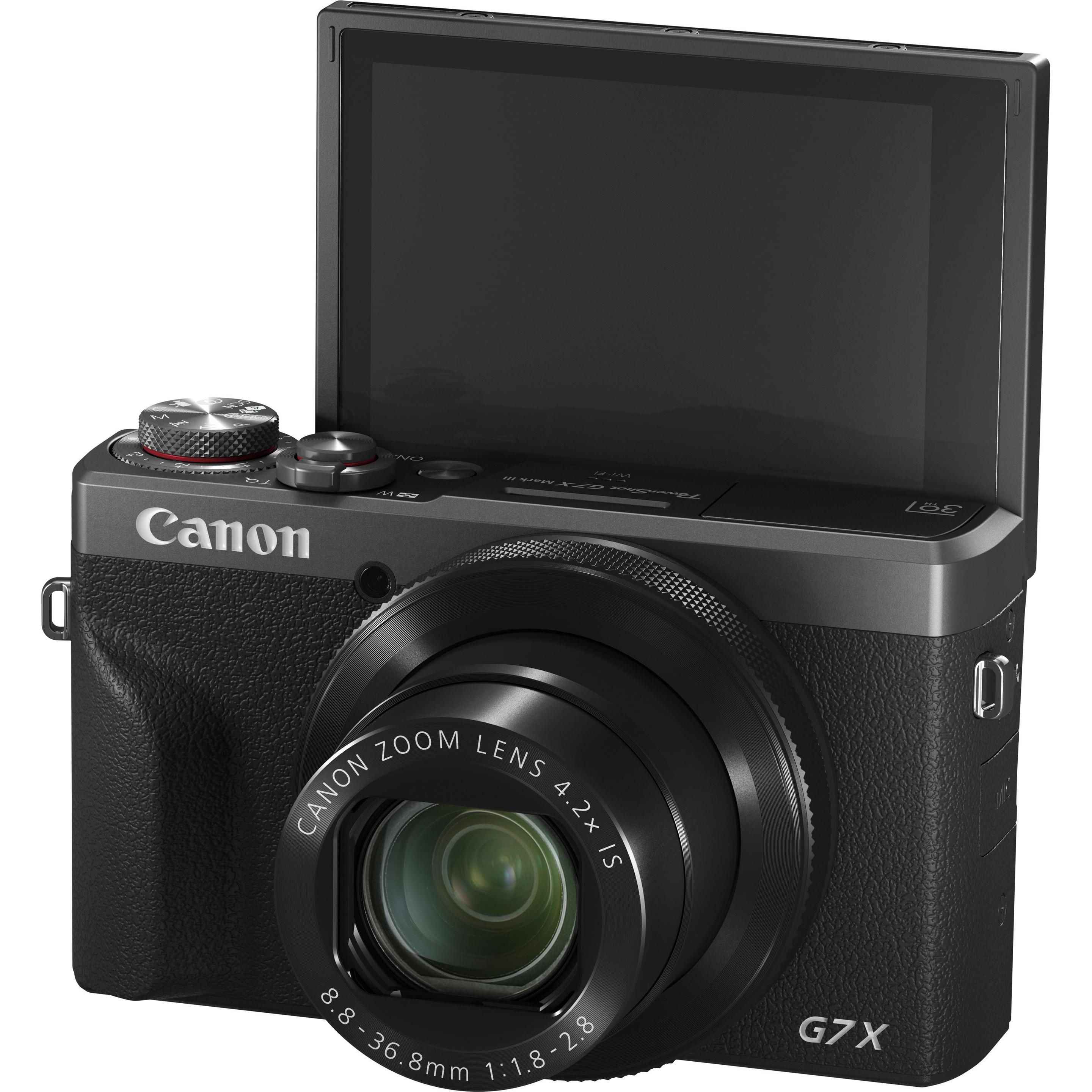 Eine schwarze Canon G7X Mark III Kamera mit nach oben geneigtem Bildschirm.