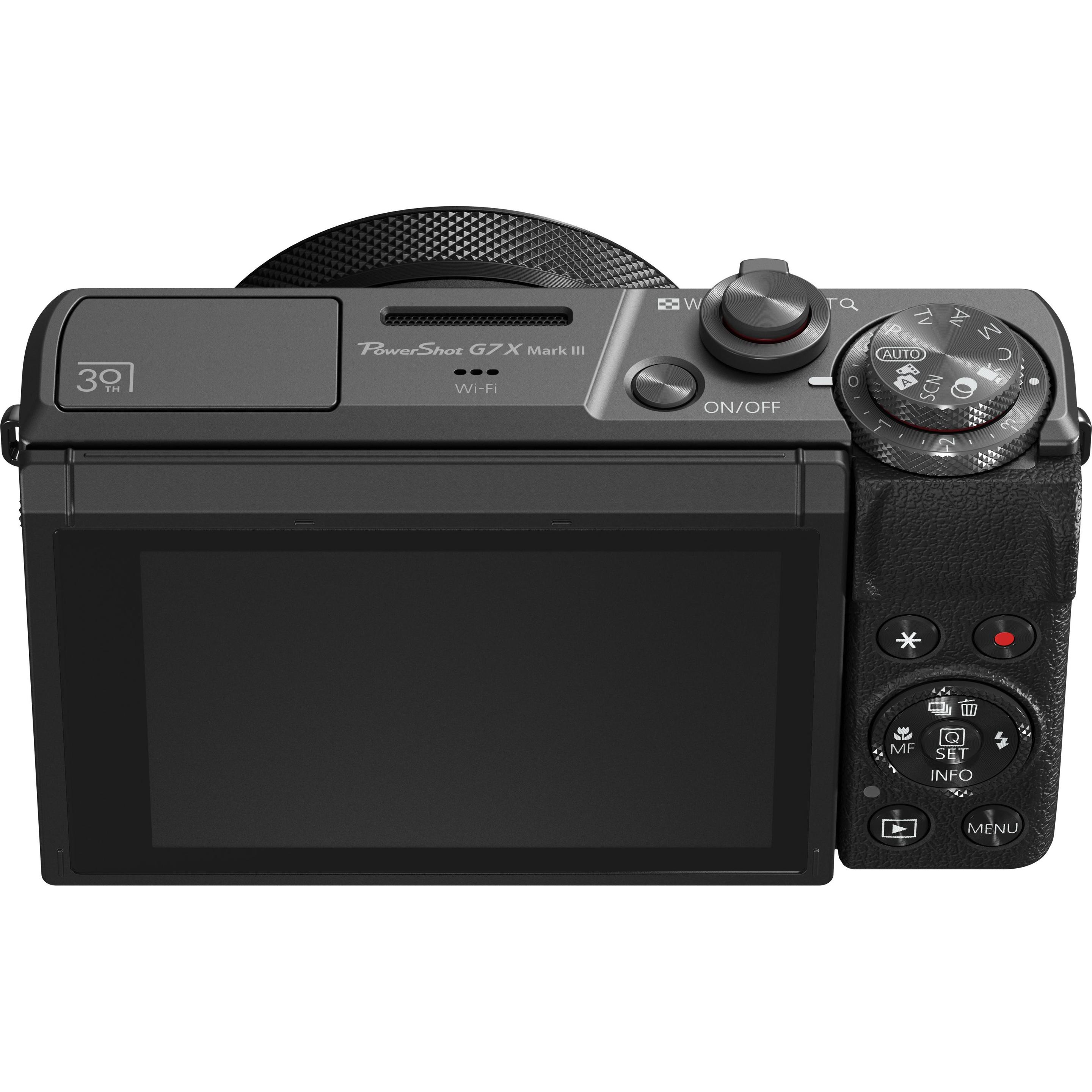Rückansicht einer schwarzen Canon PowerShot G7X Mark III Kamera mit drehbarem Bildschirm und Bedienelementen.