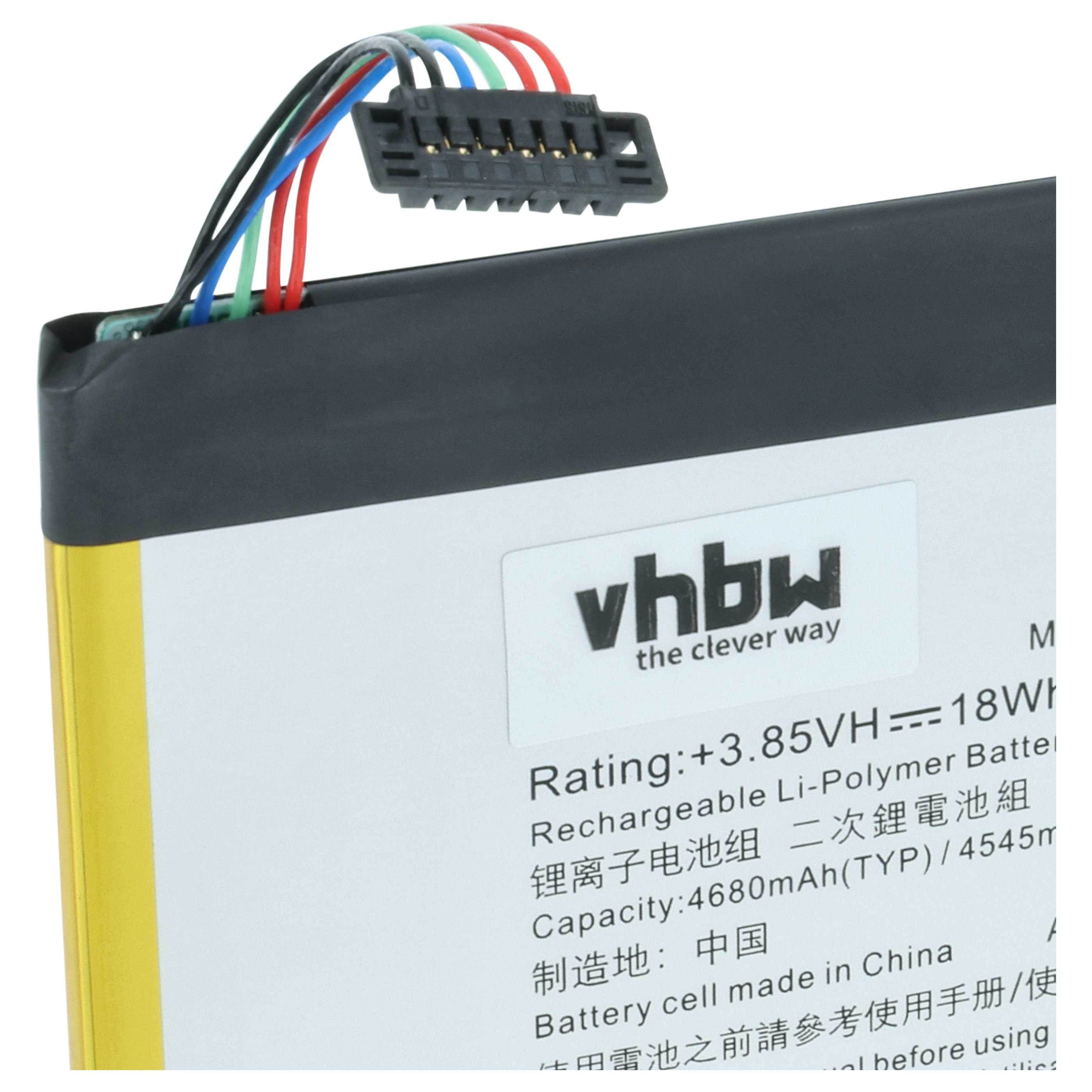 Ein Li-Polymer-Akku mit Kabeln und Stecker, 3,85V, 4680mAh, Made in China.