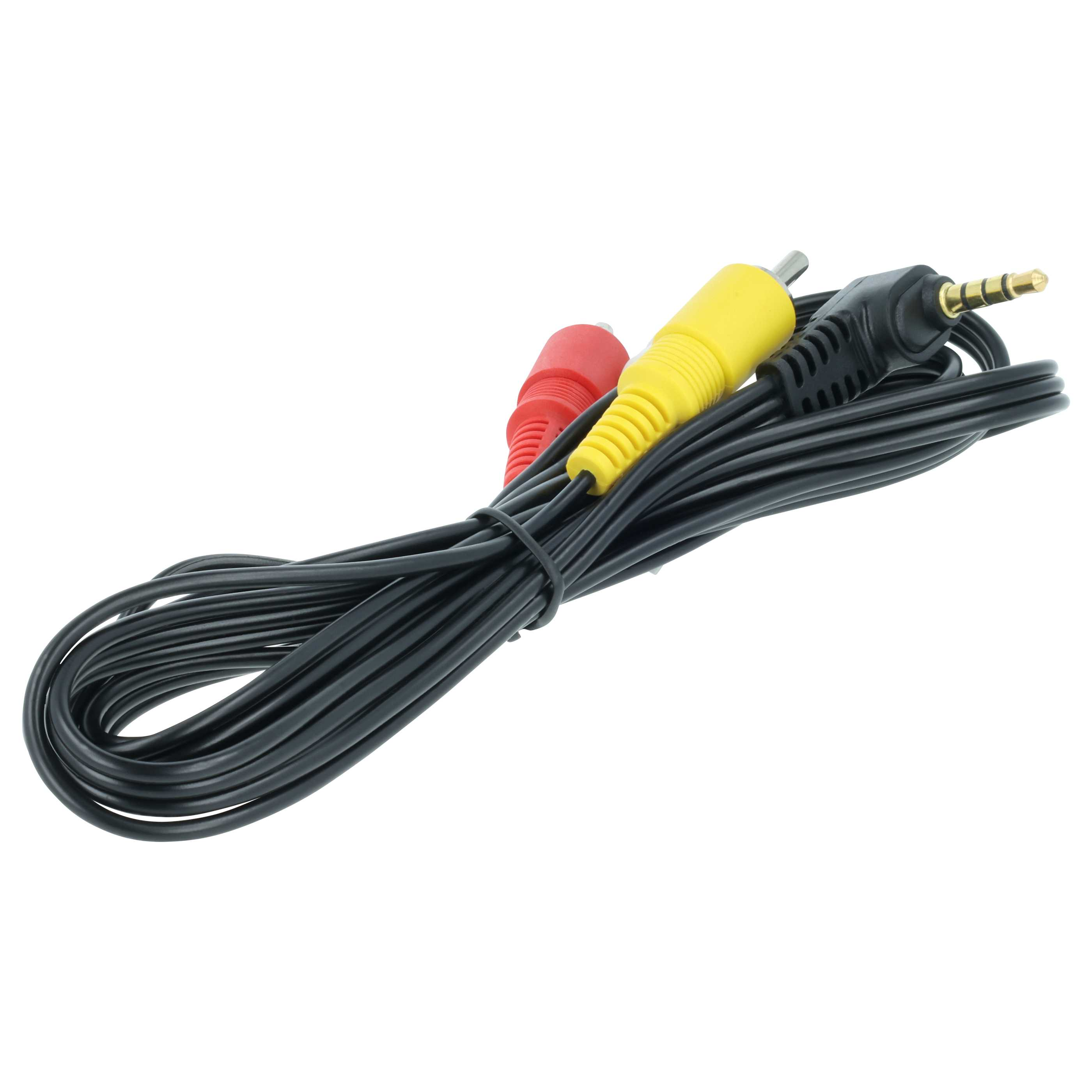 Schwarzes Kabel mit roten, gelben und 3,5-mm-Steckern.