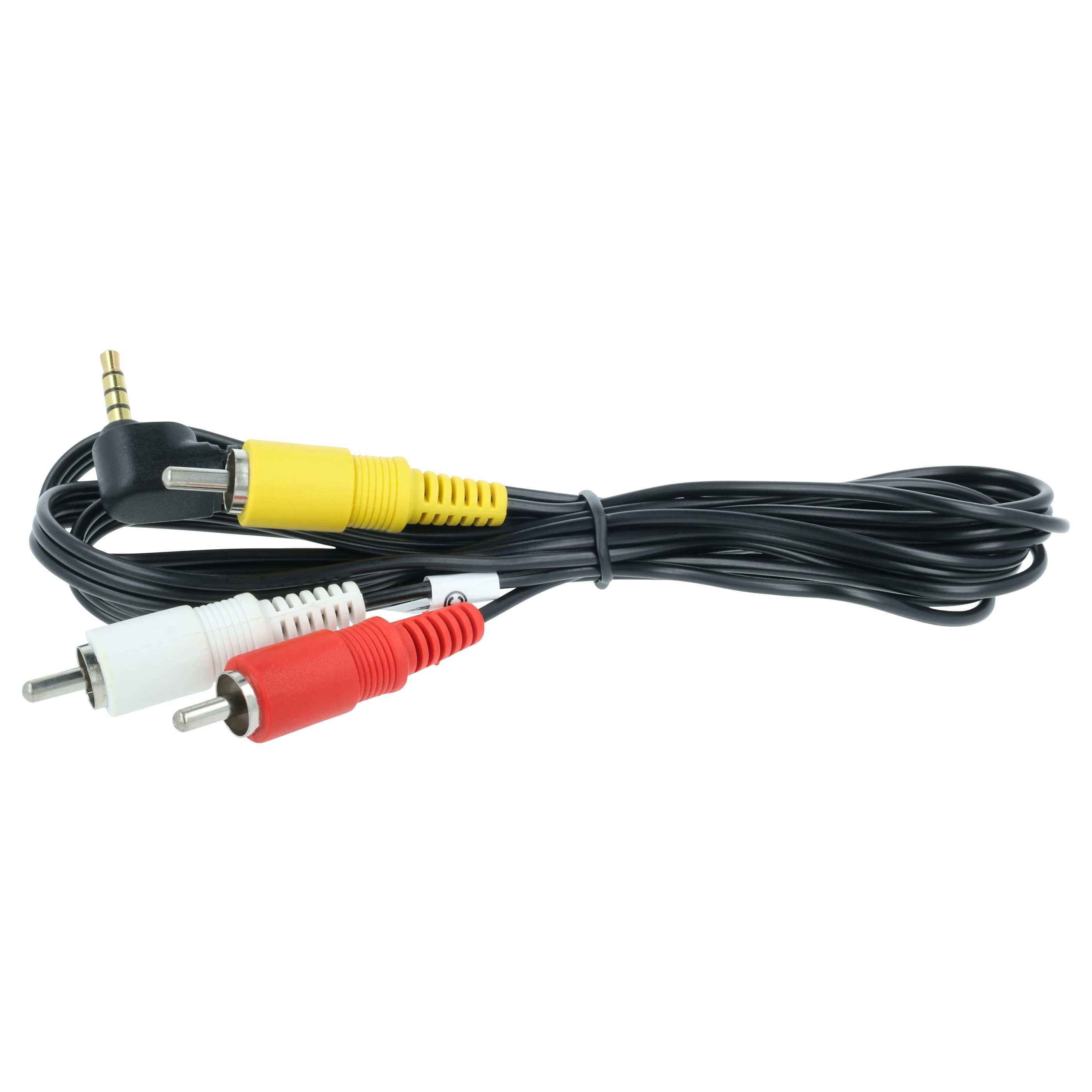 Ein schwarzes Kabel mit drei RCA-Steckern (rot, weiß, gelb) und einem 3,5-mm-Stecker.