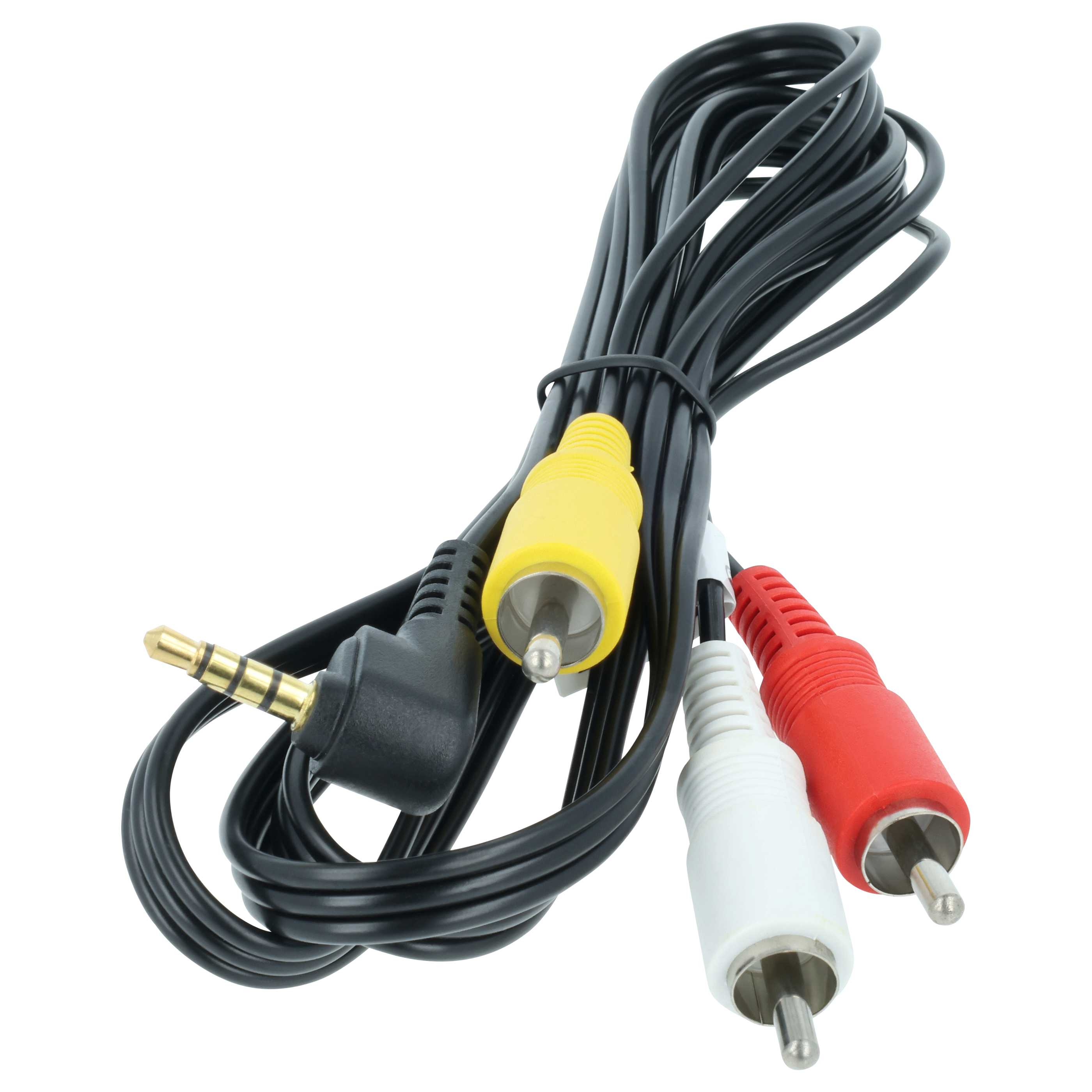 Ein schwarzes Kabel mit 3,5-mm-Klinkenstecker und drei Cinch-Steckern: gelb, weiß, rot.