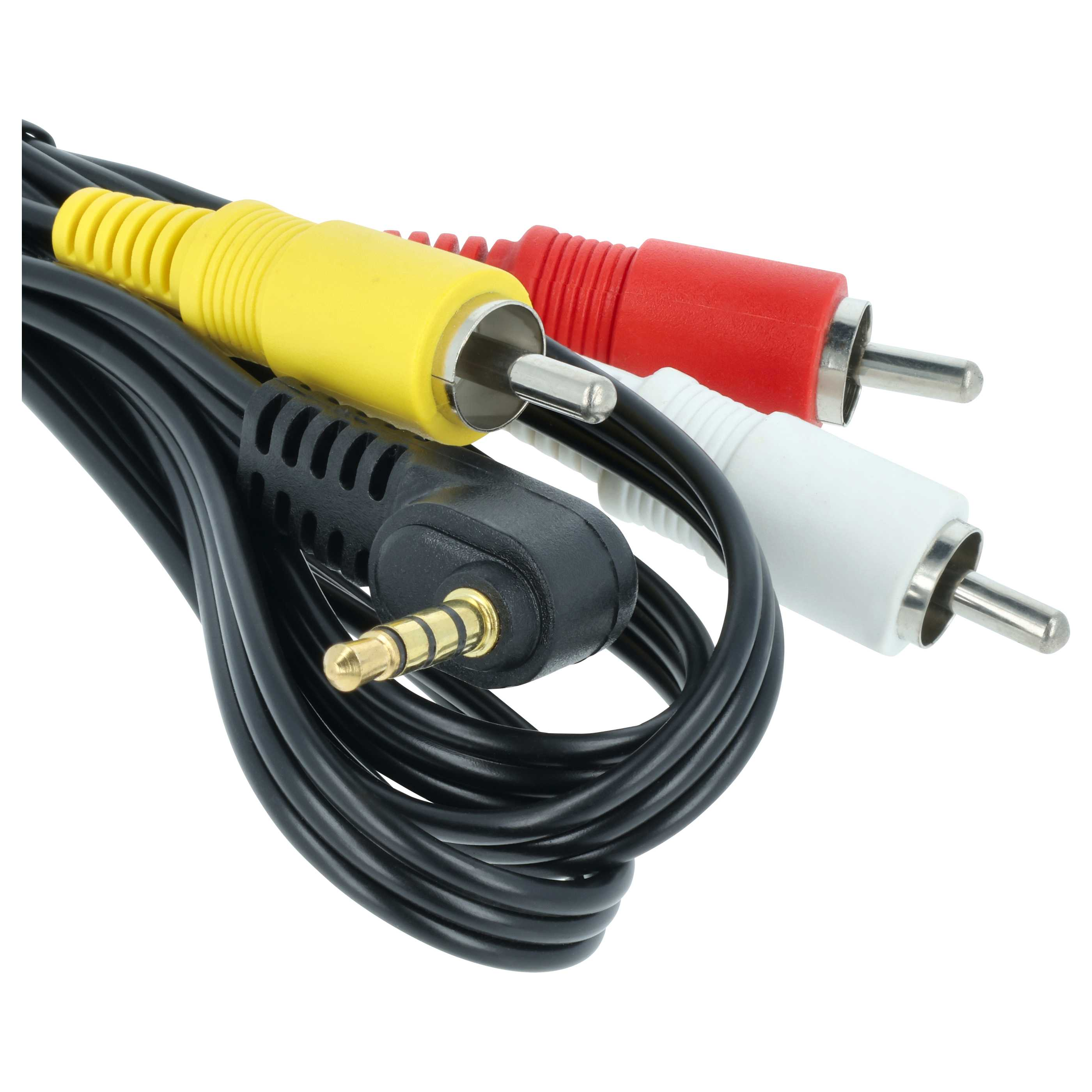Ein schwarzes Kabel mit drei RCA-Steckern (rot, gelb, weiß) und einem 3,5-mm-Klinkenstecker.
