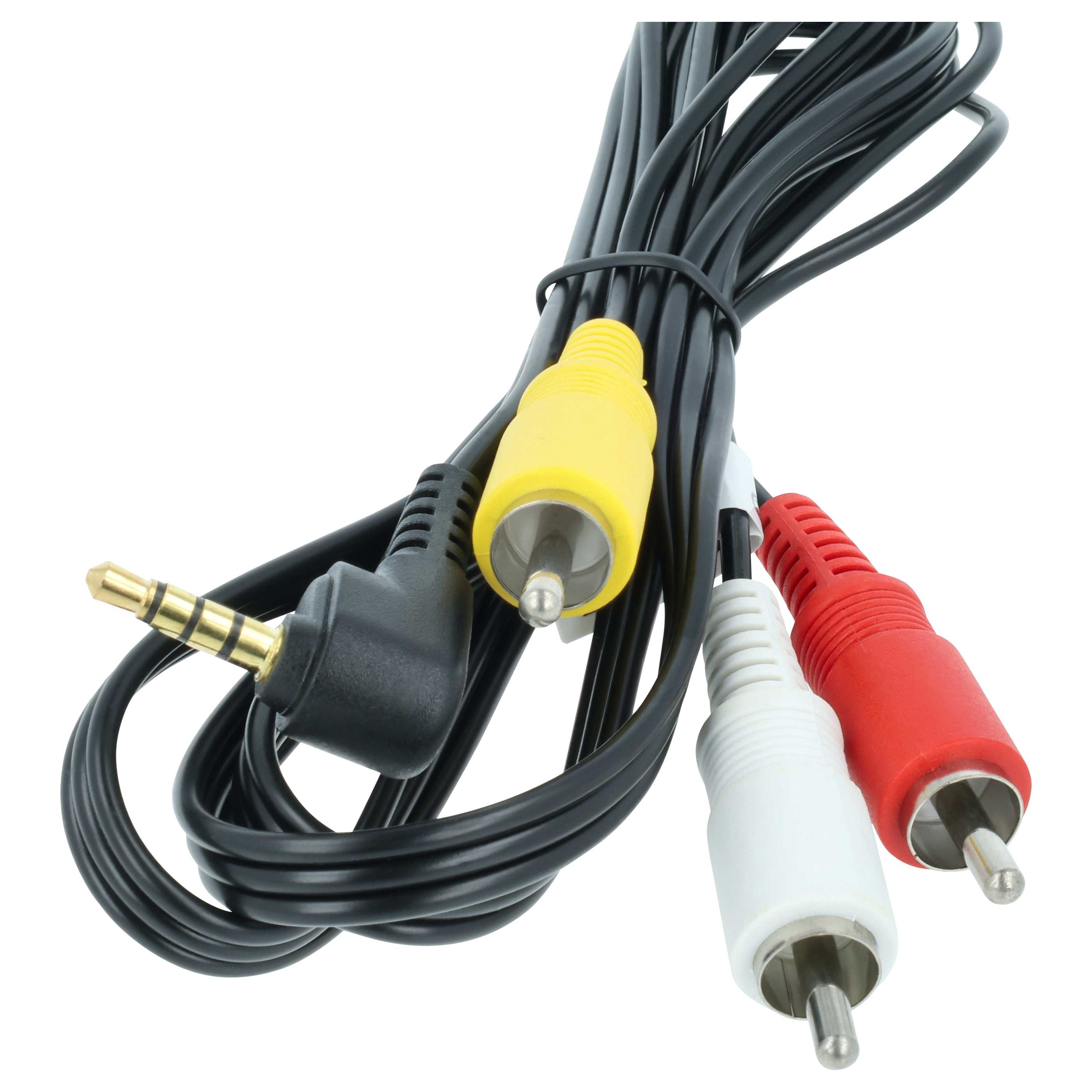 Ein schwarzes Audiokabel mit 3,5-mm-Klinkenstecker und drei Cinch-Steckern (rot, gelb, weiß).