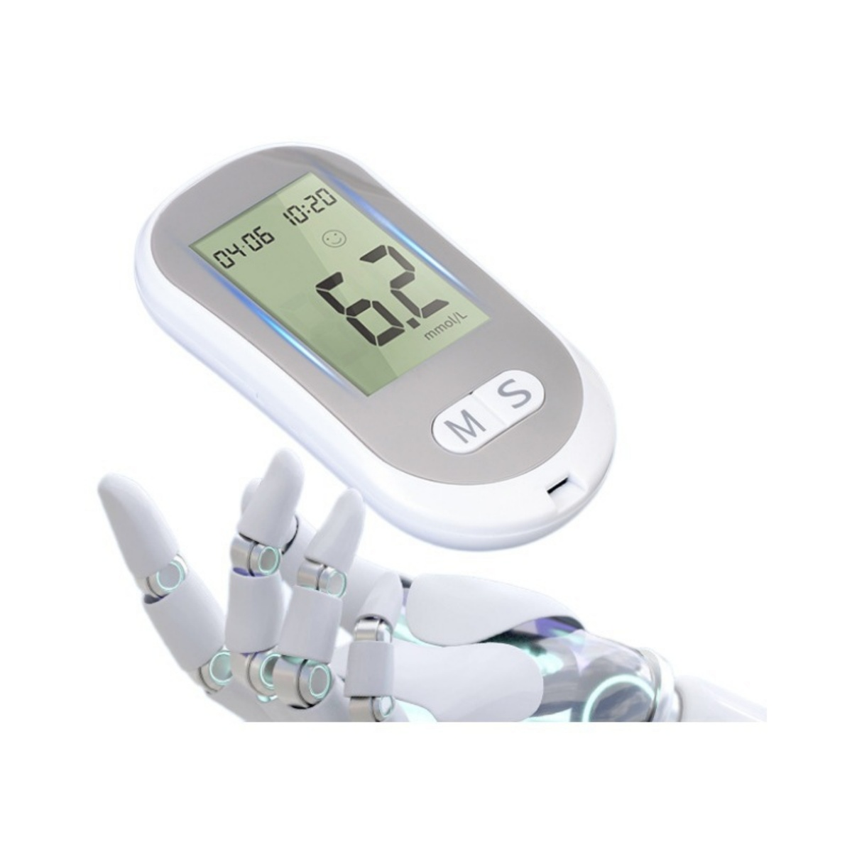 Ein weißer Roboterarm hält ein digitales Blutzuckermessgerät mit einer Anzeige von 6,2 mmol/L.
