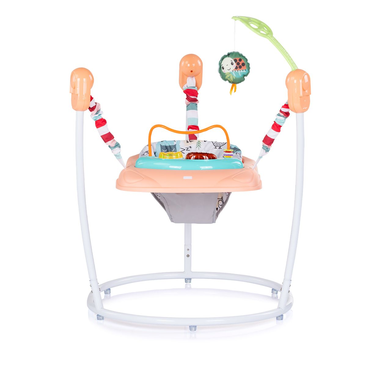 Ein Baby-Jumperoo mit Spielzeug und einer Hängefigur.