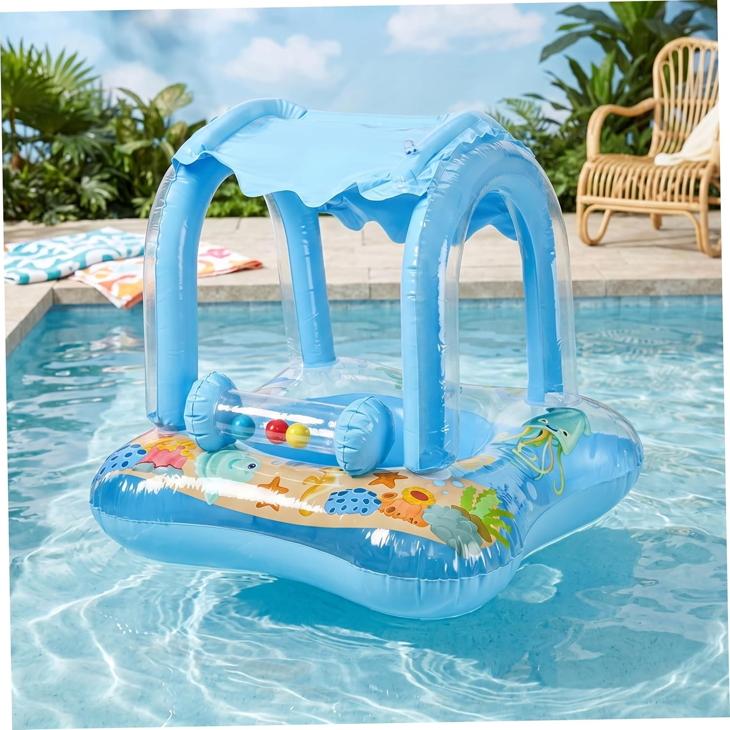 Ein aufblasbarer Schwimmring mit Baldachin und Meeresmotiven schwimmt in einem Pool.