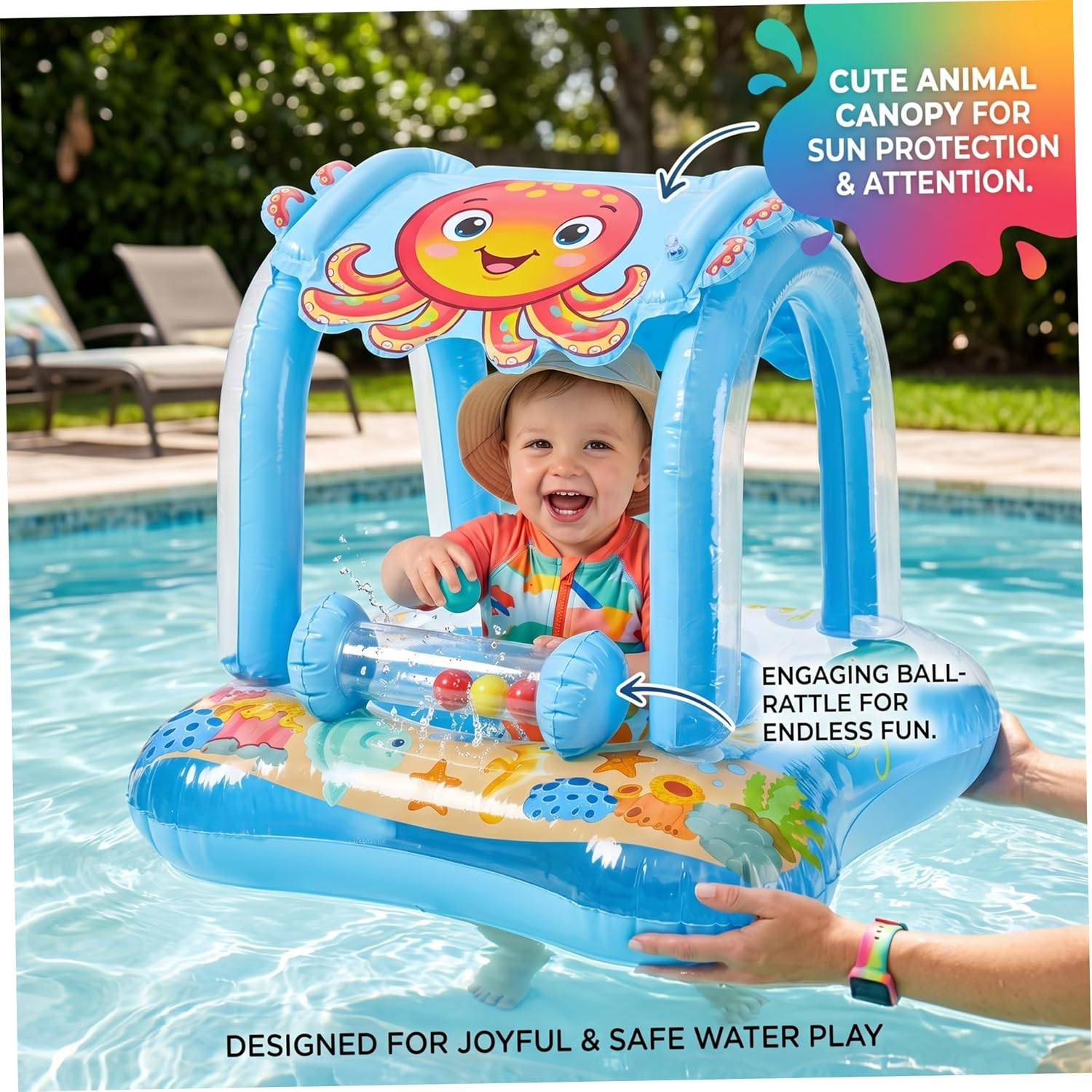 Baby in aufblasbarem Schwimmring mit Oktopus-Sonnendach im Pool.