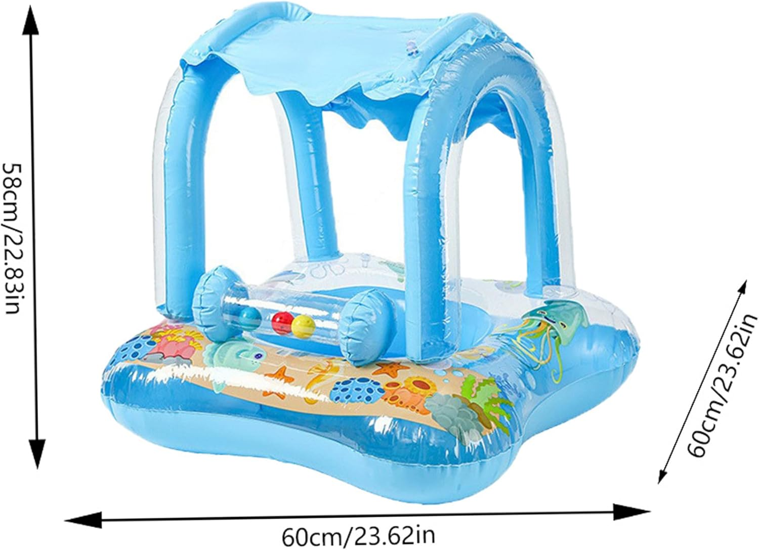 Aufblasbarer blauer Baby-Schwimmring mit Baldachin und Meeresmotiv. Mit klarer Spielfläche.