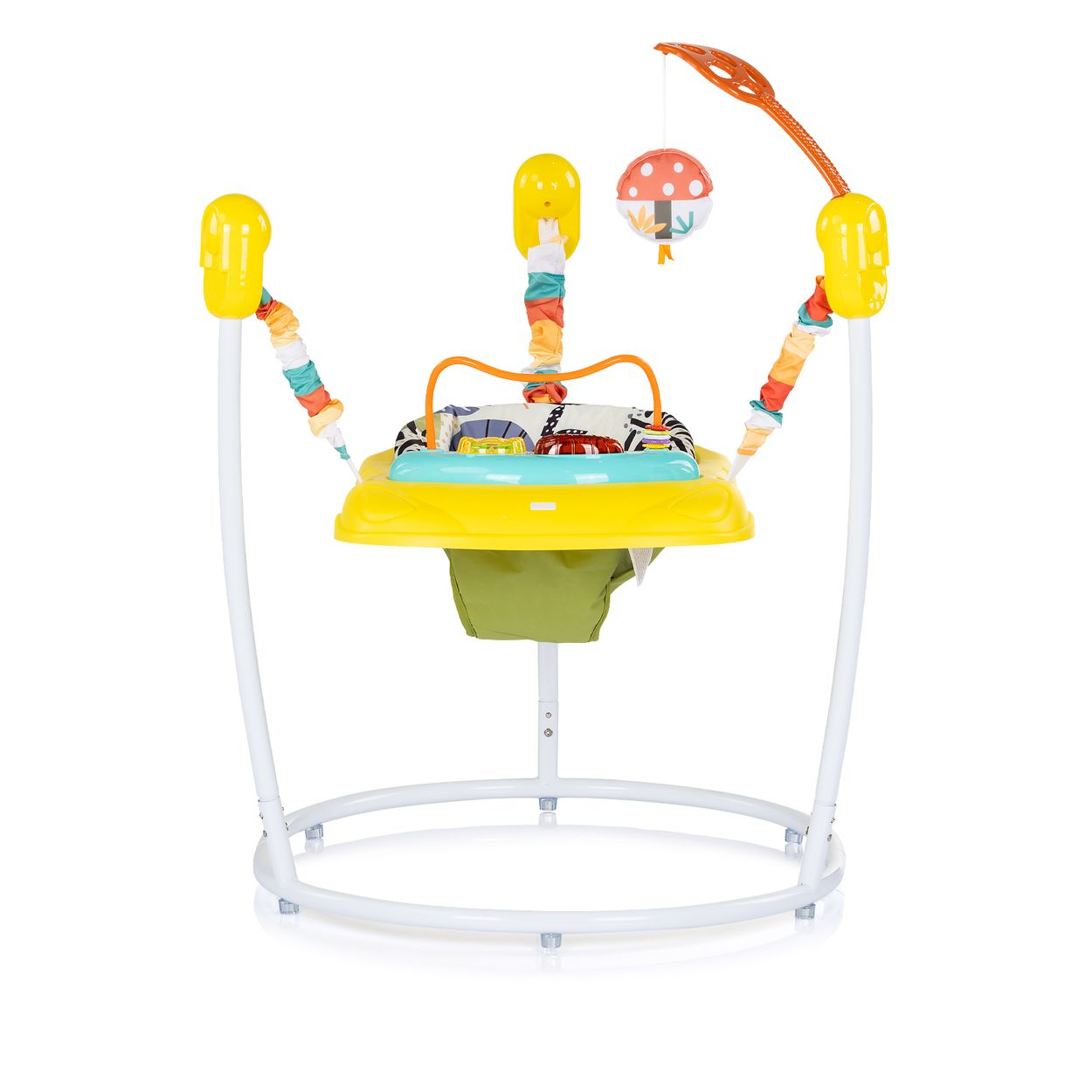 Gelber Baby-Jumper mit Spielzeug und Sitz. Weißer Metallrahmen.