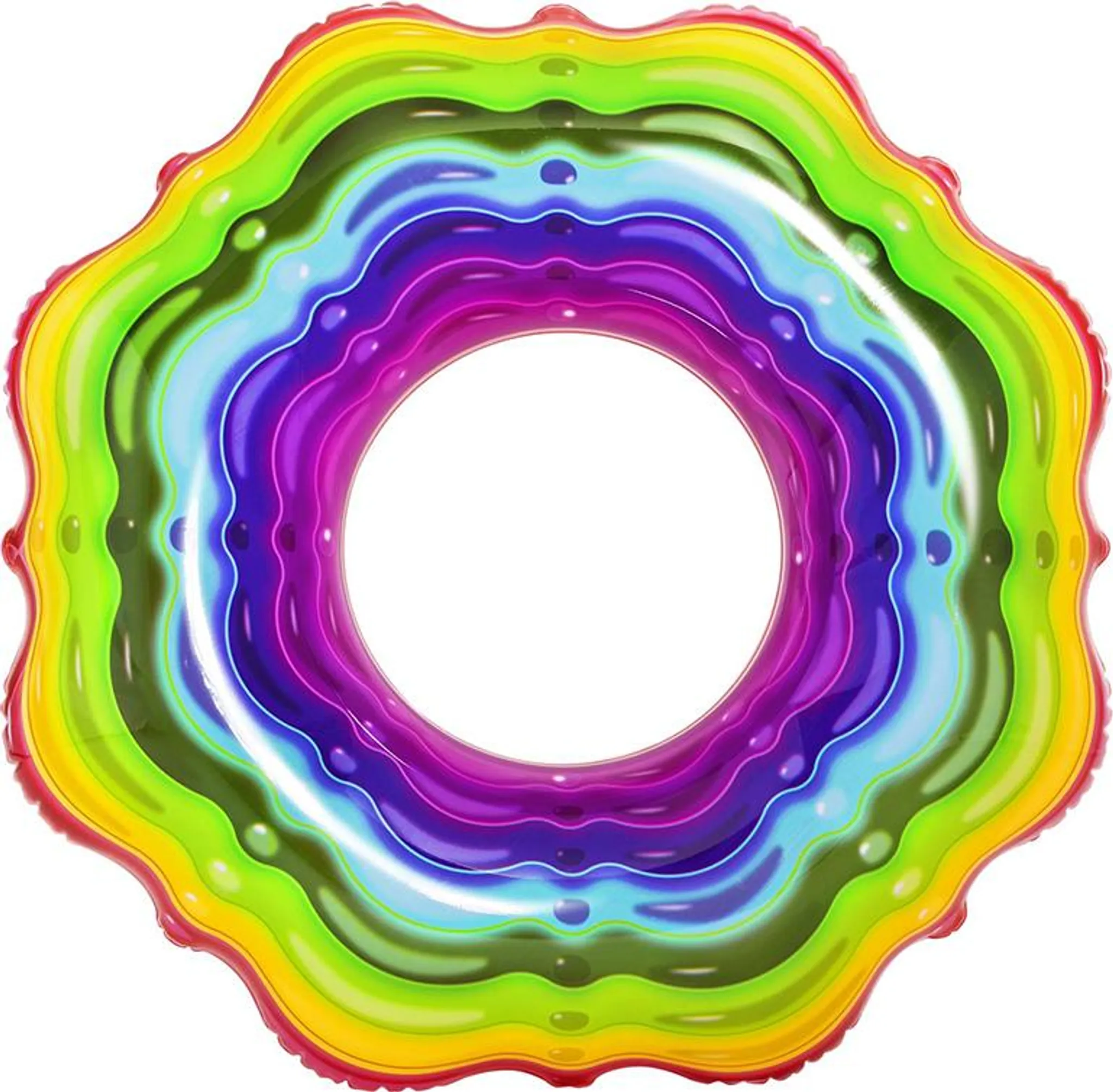 Ein aufblasbarer Schwimmring in Regenbogenfarben mit Wellenmuster.
