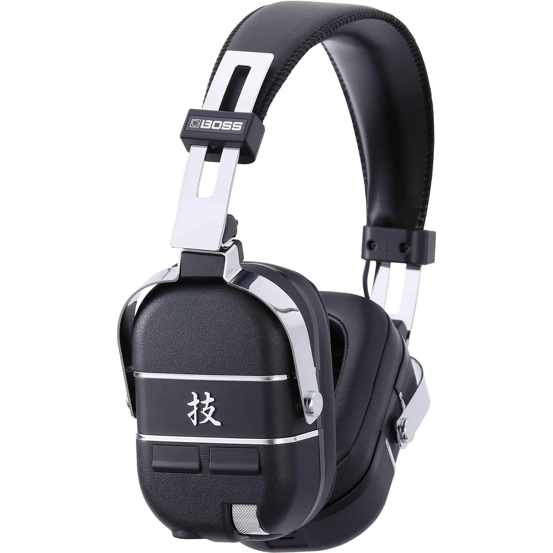 Zwarte over-ear koptelefoon met zilveren accenten en een Japans karakter op de rechter oorschelp.