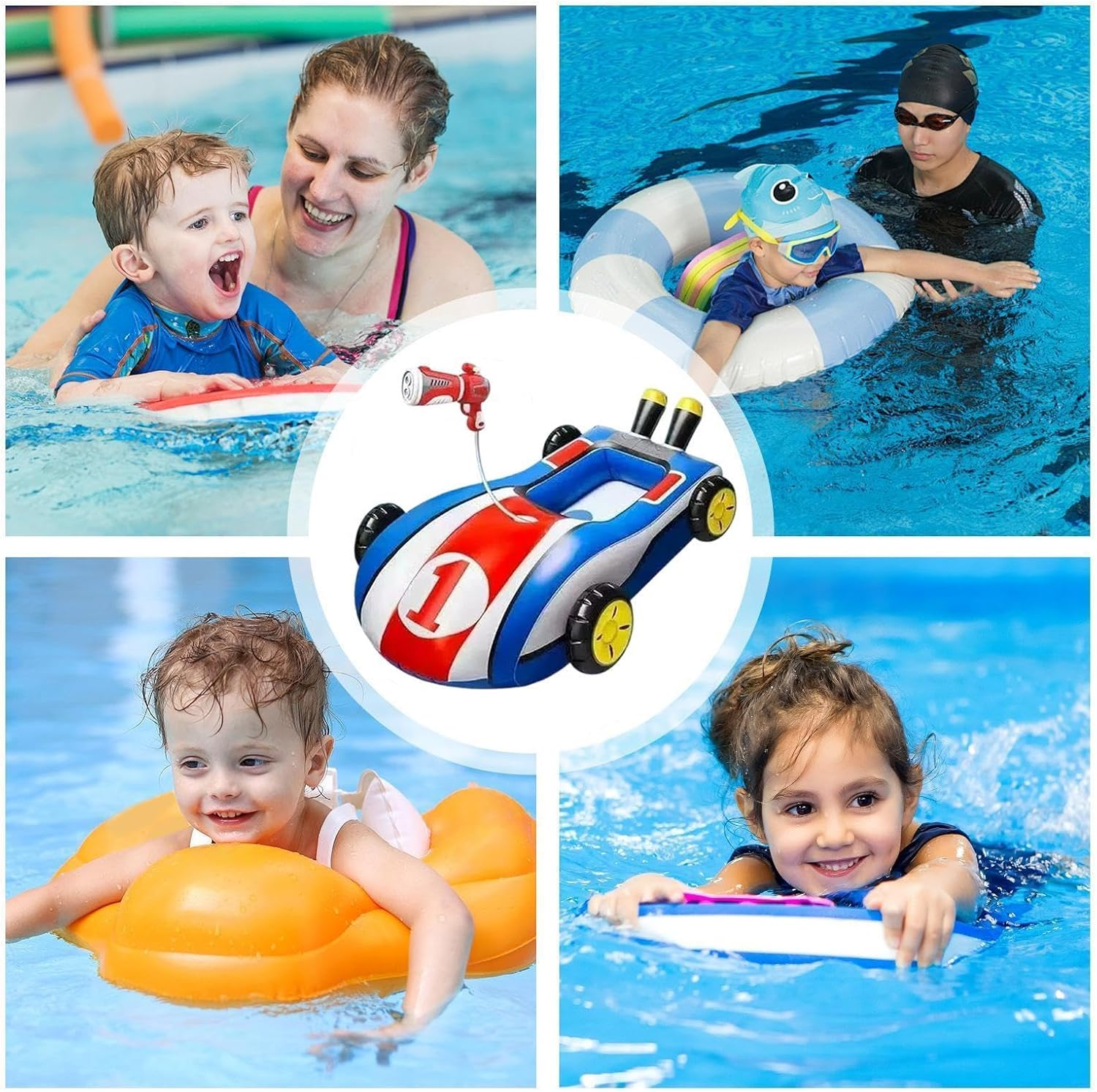 Kinder planschen im Pool mit Schwimmhilfen und einem Spielzeugauto.