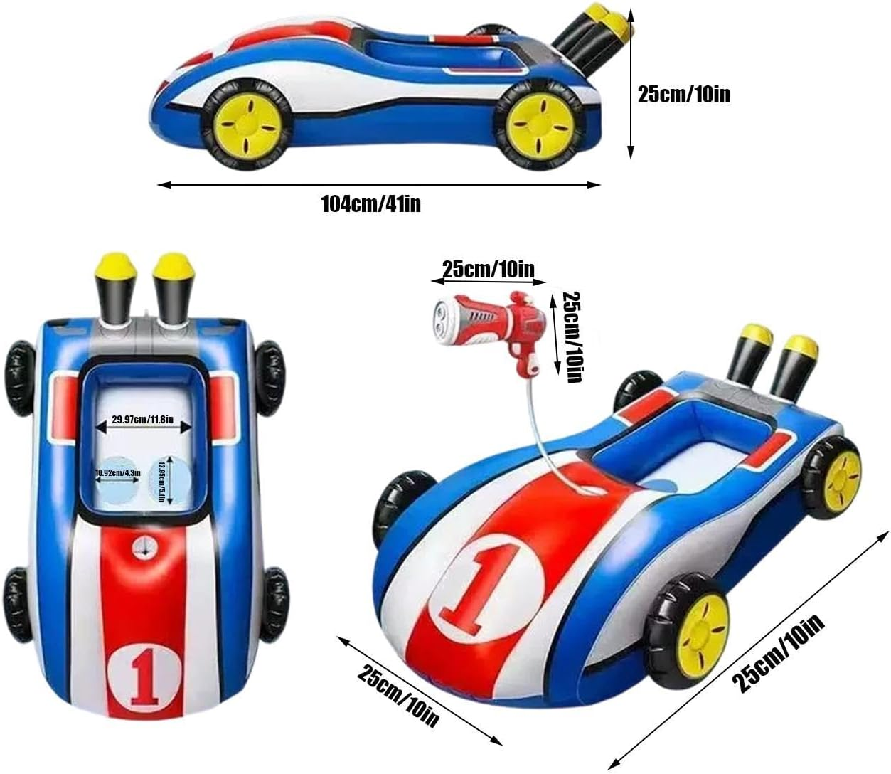 Ein aufblasbares Go-Kart in Blau, Rot und Weiß mit der Zahl 1. Enthält einen Spielzeug-Wasserwerfer.