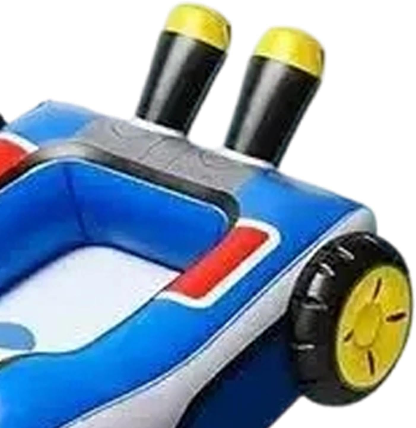 Aufblasbares blaues Go-Kart mit gelben Felgen und Auspuffen.