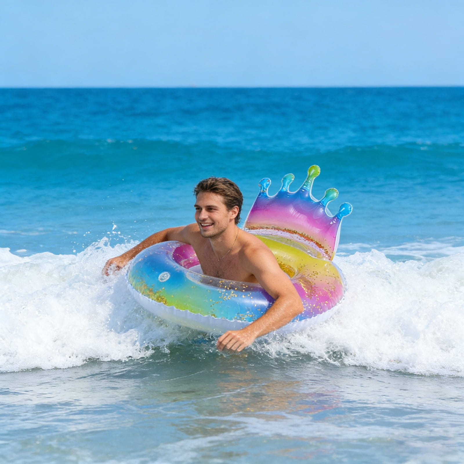 Ein Mann auf einem bunten Schwimmring mit Kronenrücken reitet eine Welle im Meer.