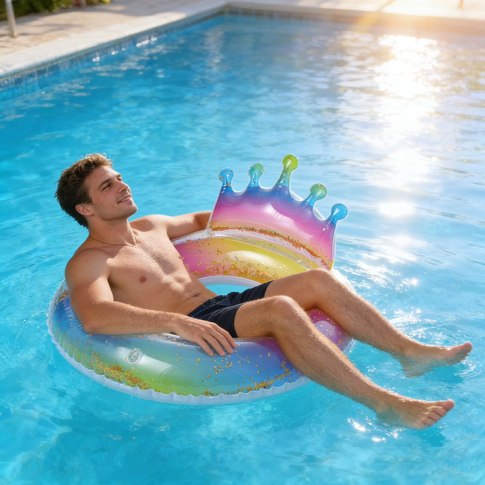 Ein Mann treibt auf einem aufblasbaren Ring mit Kronen-Motiv im Pool.